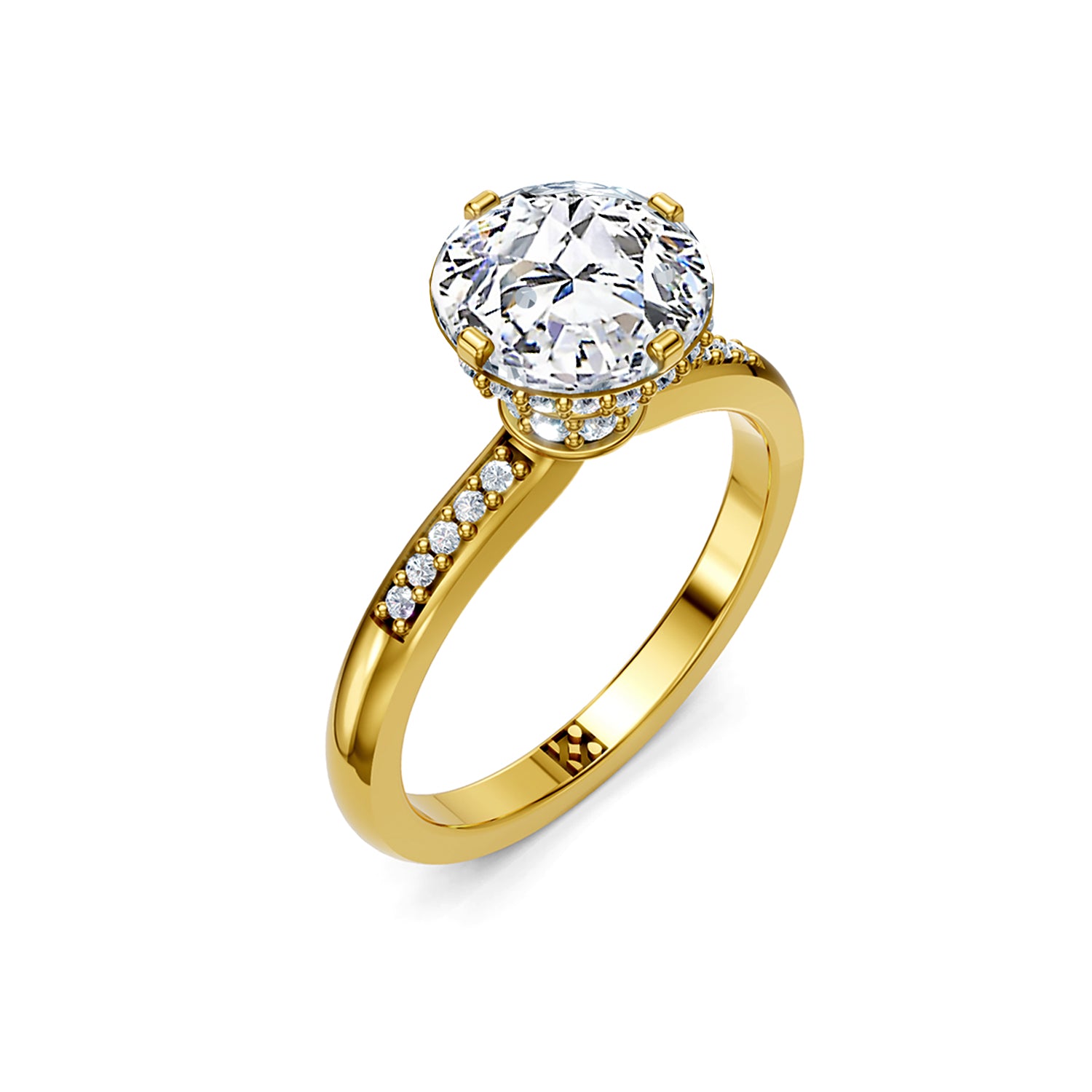 Beautiful gold engagement ring with 2 carat diamond and double hidden halo below the solitaire centre stone. Made in Canada. Bague fiançailles à diamants halo caché. Création Montréal. Style Couture Vintage.