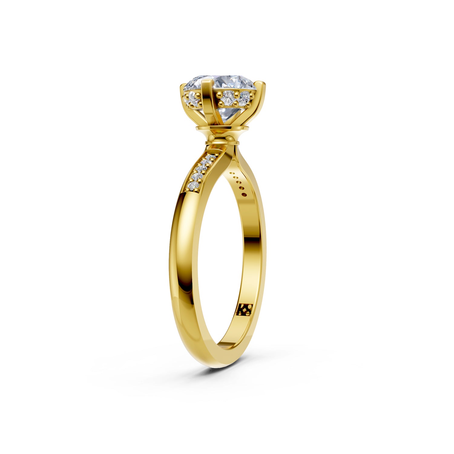 Beautiful gold engagement ring with 1.5 carat diamond and subtle hidden halo below the solitaire diamond centre stone. Made in Canada. Bague fiançailles à diamants halo caché. Création Montréal. Style Couture Vintage.