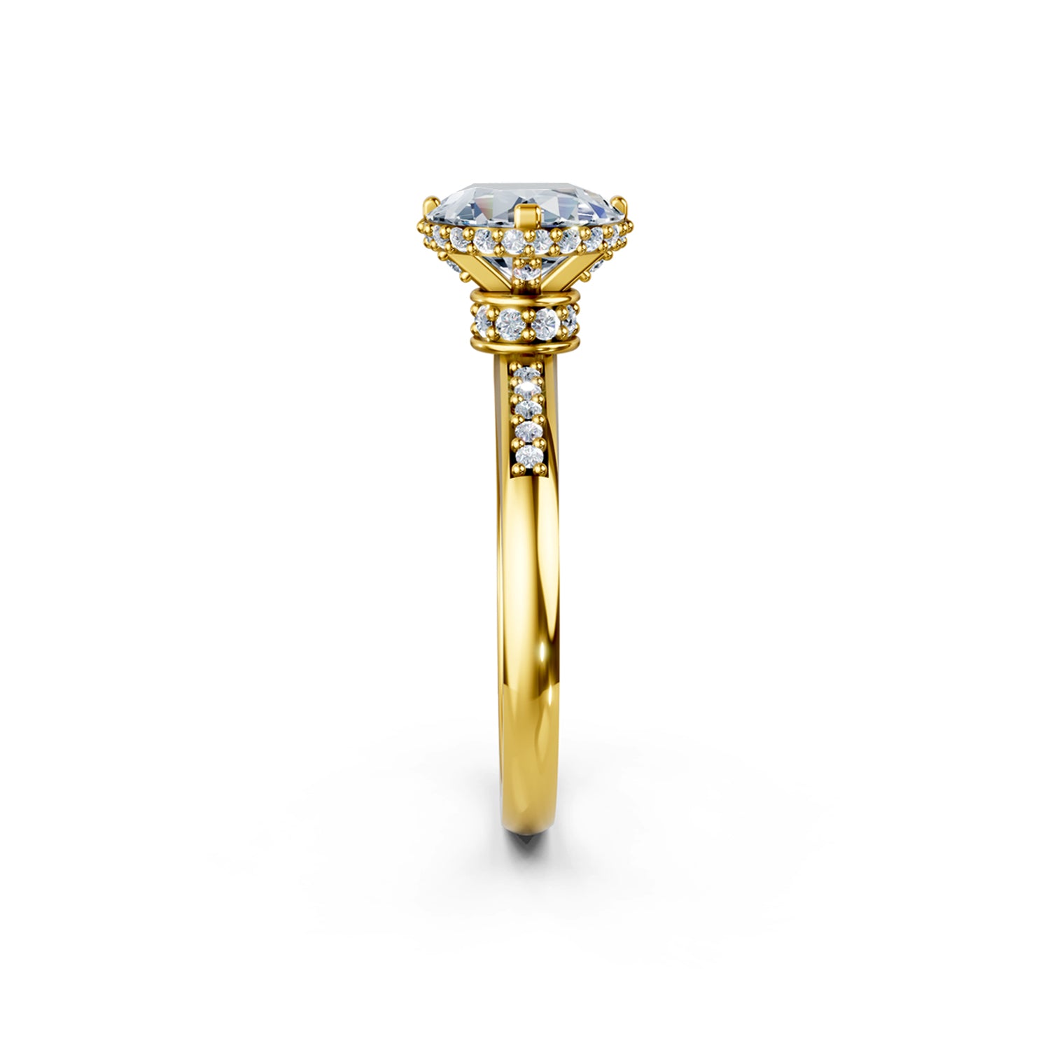 Beautiful gold engagement ring with 2 carat diamond and double hidden halo below the solitaire centre stone. Made in Canada. Bague fiançailles à diamants halo caché. Création Montréal. Style Couture Vintage.