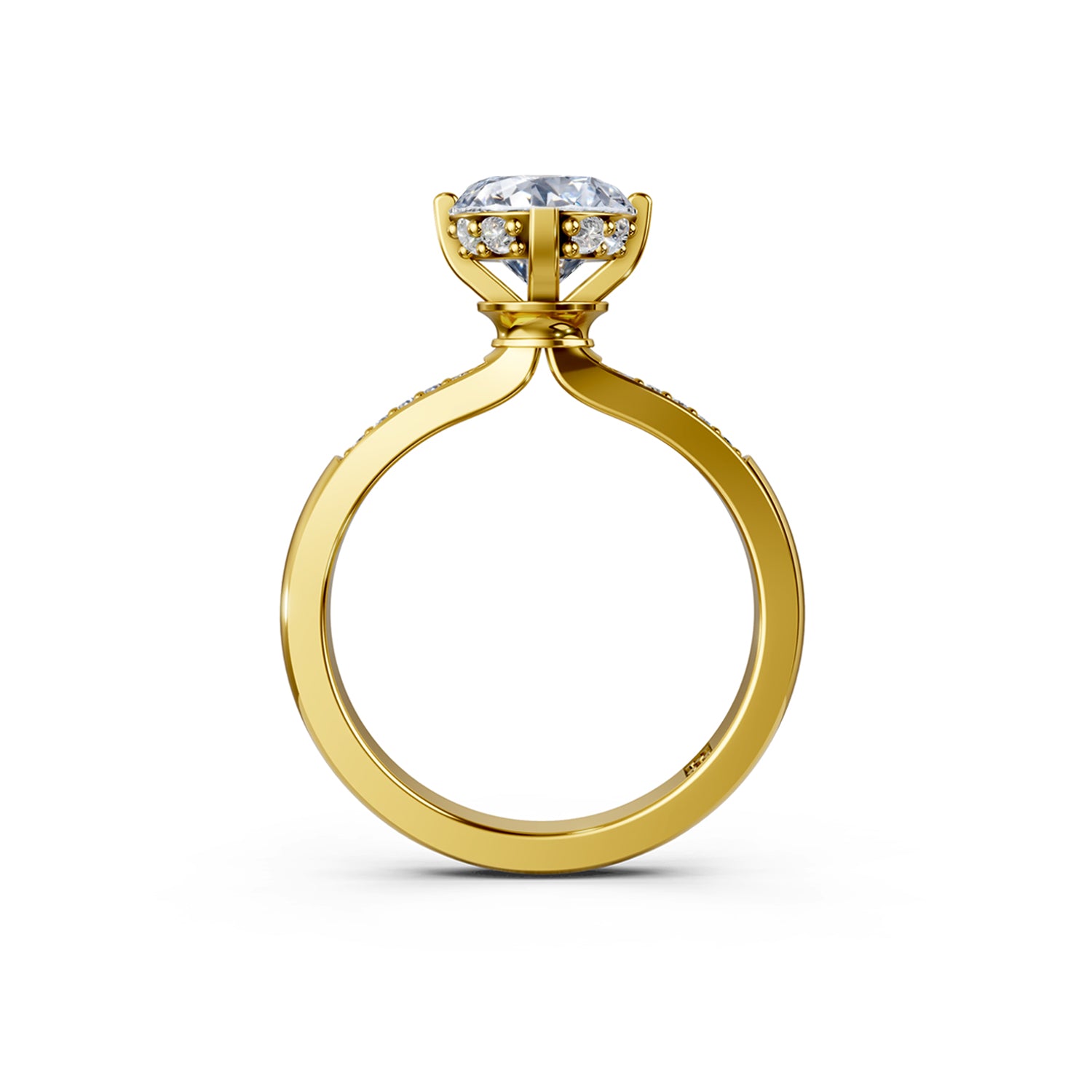 Beautiful gold engagement ring with 1.5 carat diamond and subtle hidden halo below the solitaire diamond centre stone. Made in Canada. Bague fiançailles à diamants halo caché. Création Montréal. Style Couture Vintage.
