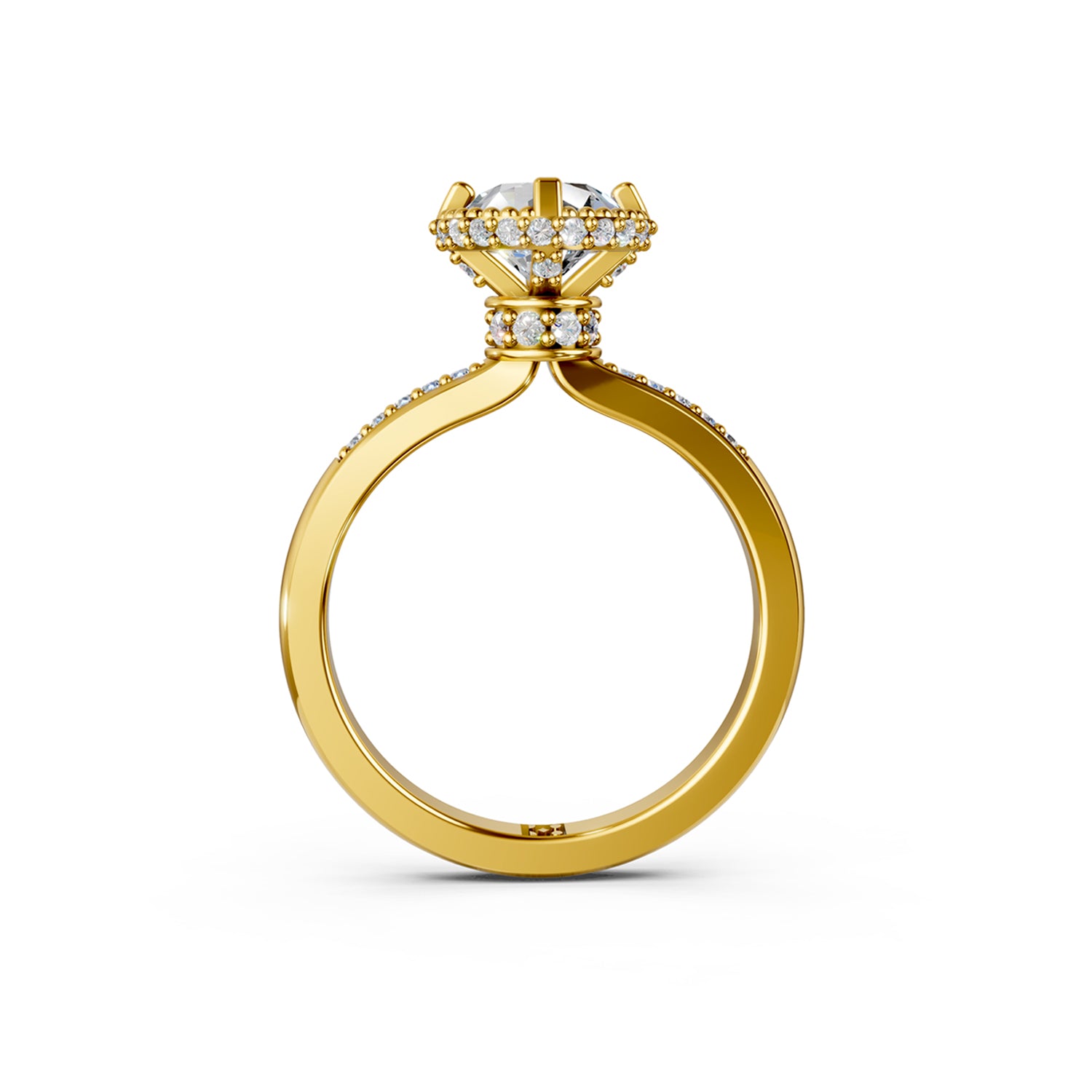 Beautiful gold engagement ring with 2 carat diamond and double hidden halo below the solitaire centre stone. Made in Canada. Bague fiançailles à diamants halo caché. Création Montréal. Style Couture Vintage.