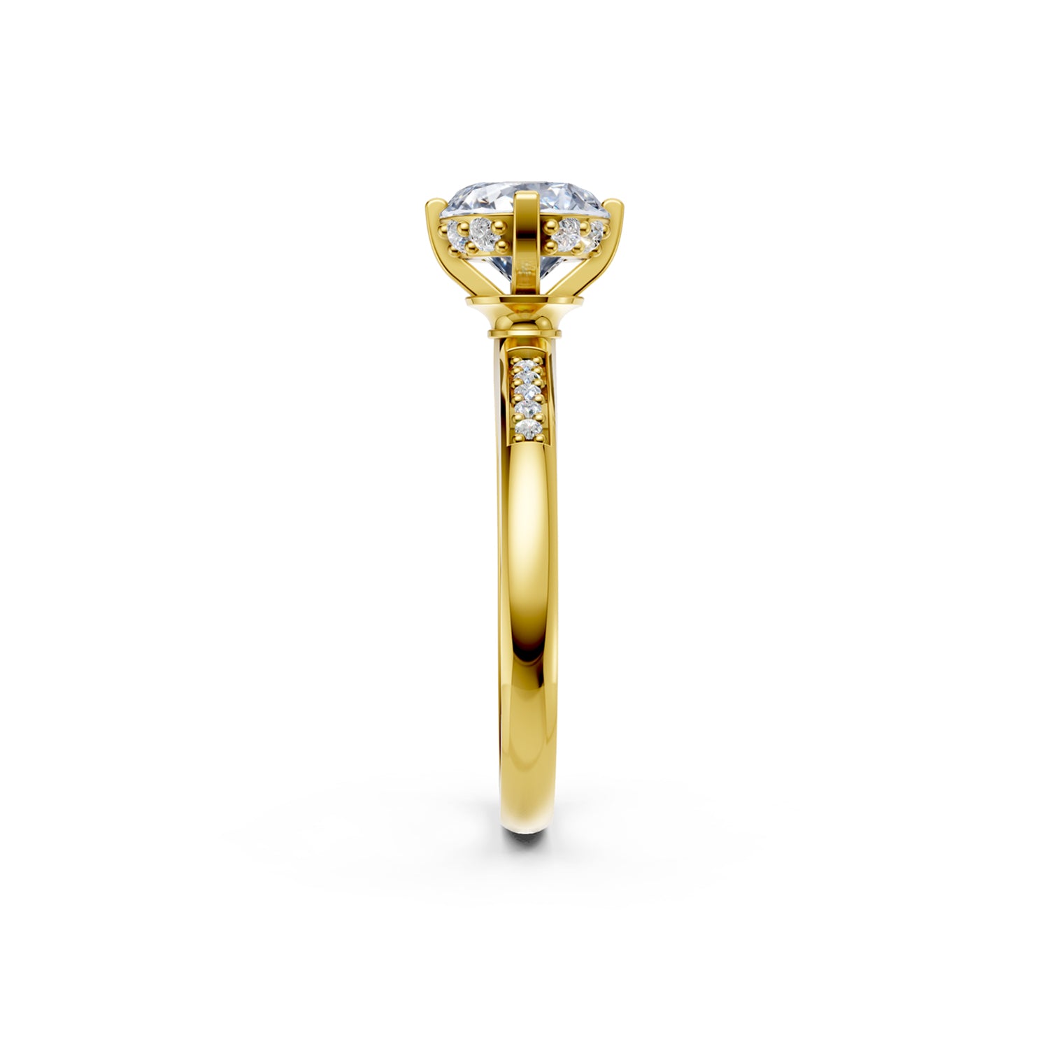 Beautiful gold engagement ring with 1.5 carat diamond and subtle hidden halo below the solitaire diamond centre stone. Made in Canada. Bague fiançailles à diamants halo caché. Création Montréal. Style Couture Vintage.