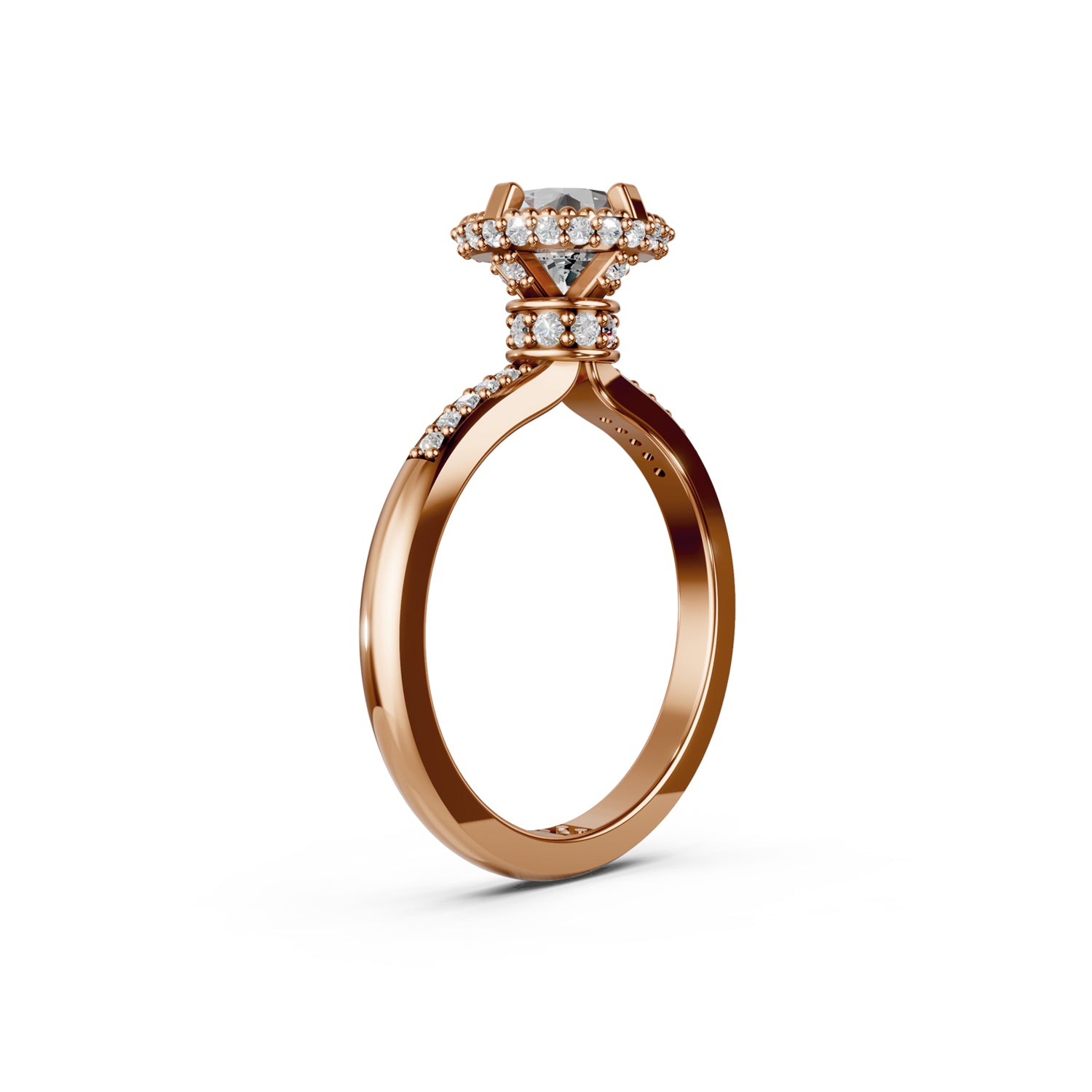 Beautiful gold engagement ring with 2 carat diamond and double hidden halo below the solitaire centre stone. Made in Canada. Bague fiançailles à diamants halo caché. Création Montréal. Style Couture Vintage.