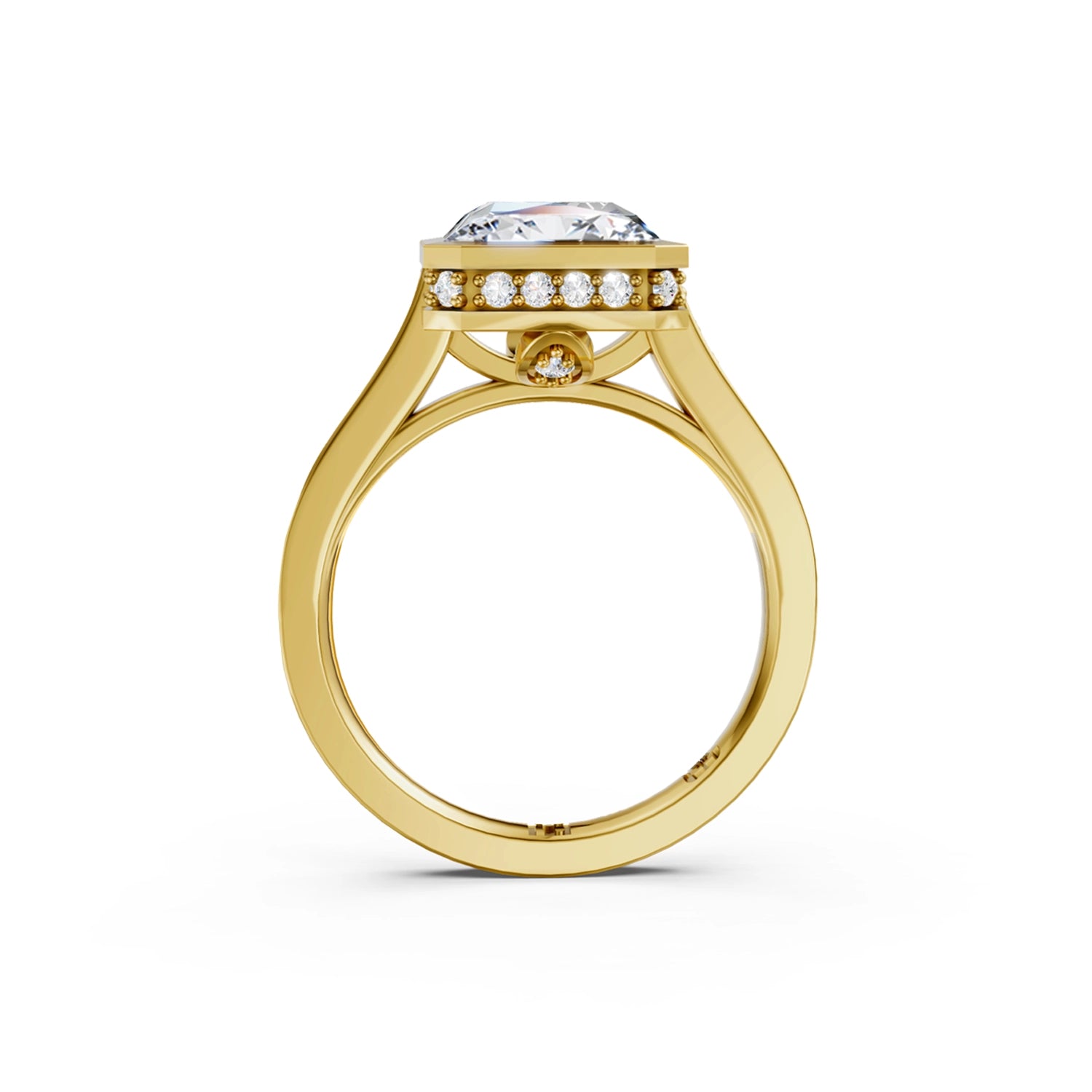 Beautiful yellow gold radiant diamond bezel engagement ring with hidden halo, 2 carat centre diamond and a row of bright, white diamonds running down the engagement ring band on white background. Made in Canada. Bague fiançailles à diamants avec halo caché et diamants sur l'anneau sur fond blanc. Fabriquée à Montréal. Style serti clos.