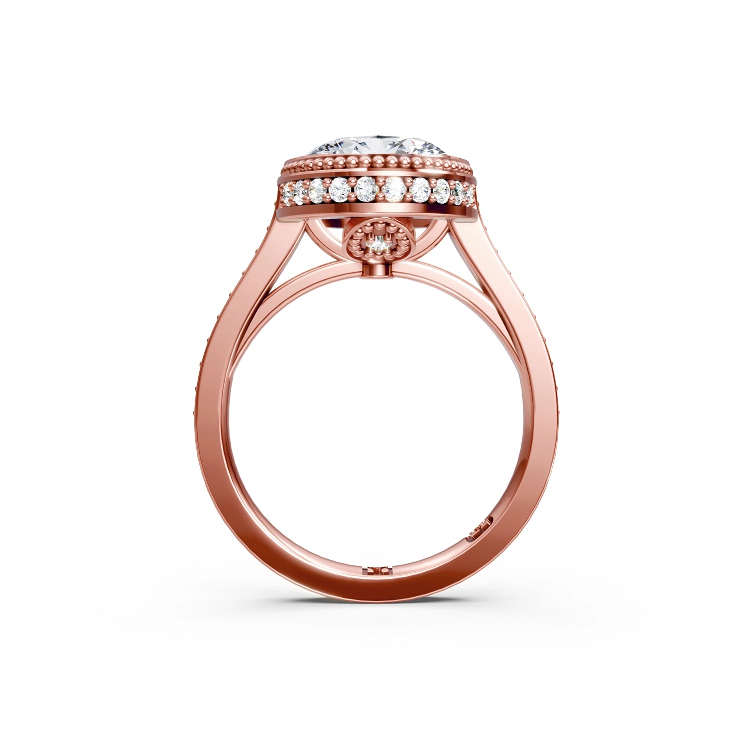 Beautiful rose gold modern vintage diamond engagement ring with milgrain, hidden halo, 2.5 carat centre diamond and a row of bright, white diamonds running down the engagement ring band on white background. Made in Canada. Bague fiançailles à diamants avec halo caché et milgrain sur fond blanc. Fabriquée à Montréal. Style vintage moderne.