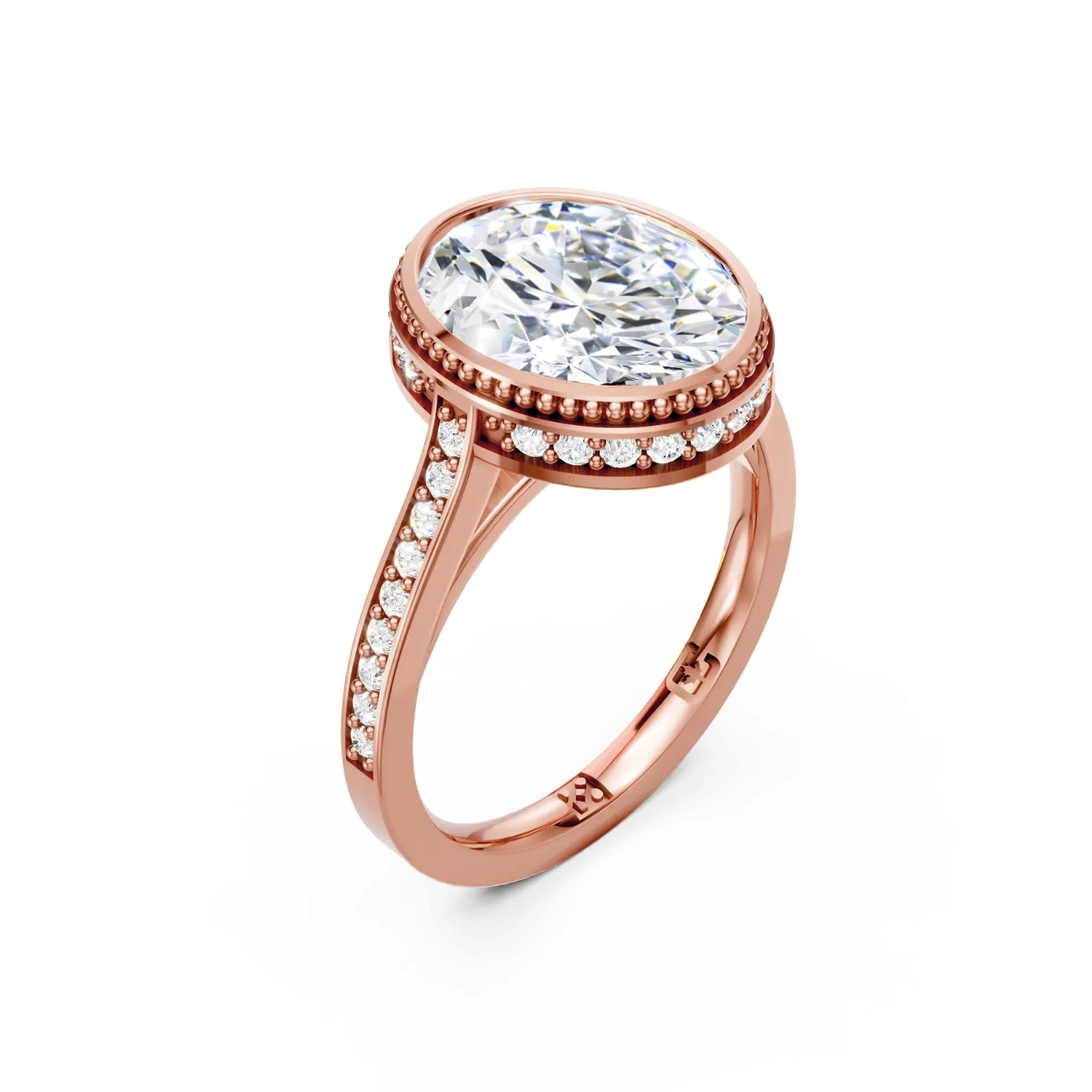 Beautiful rose gold modern vintage diamond engagement ring with milgrain, hidden halo, 2.5 carat centre diamond and a row of bright, white diamonds running down the engagement ring band on white background. Made in Canada. Bague fiançailles à diamants avec halo caché et milgrain sur fond blanc. Fabriquée à Montréal. Style vintage moderne.