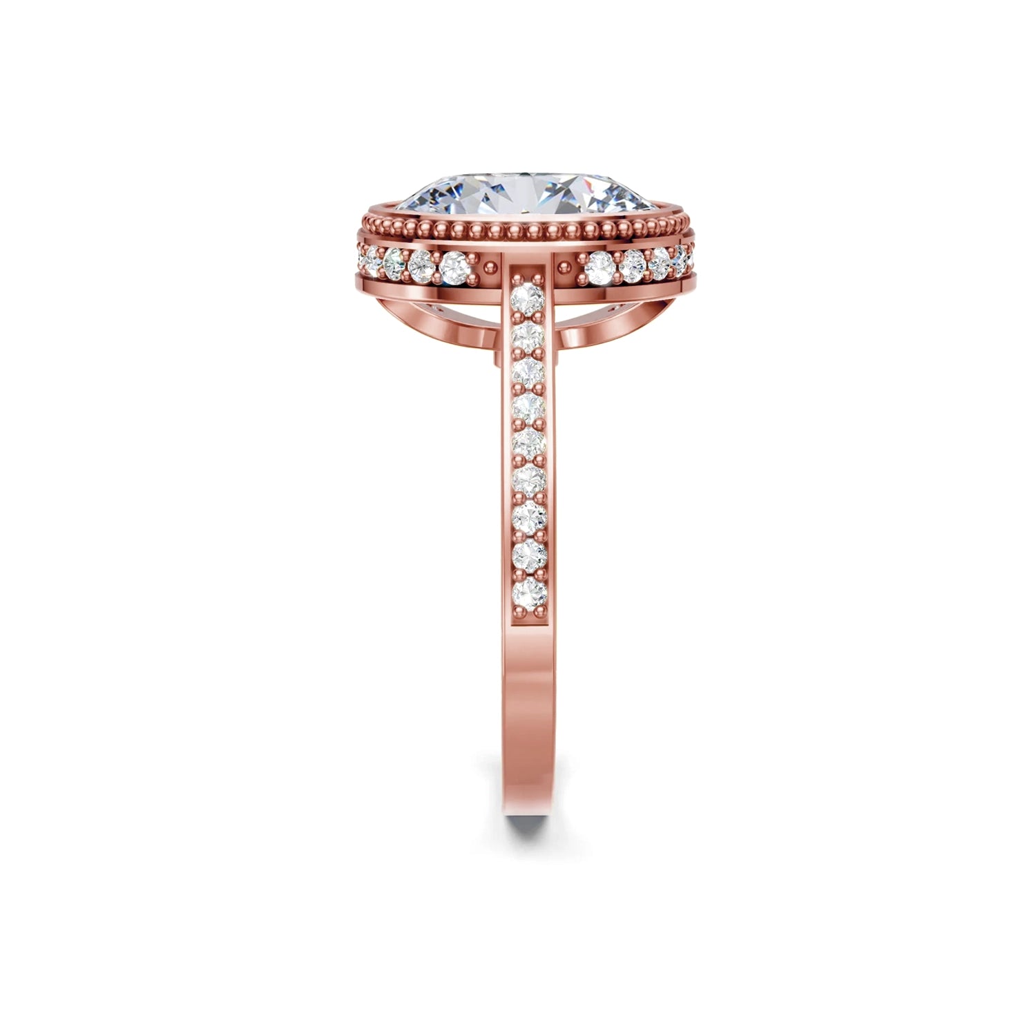 Beautiful rose gold modern vintage diamond engagement ring with milgrain, hidden halo, 2.5 carat centre diamond and a row of bright, white diamonds running down the engagement ring band on white background. Made in Canada. Bague fiançailles à diamants avec halo caché et milgrain sur fond blanc. Fabriquée à Montréal. Style vintage moderne.