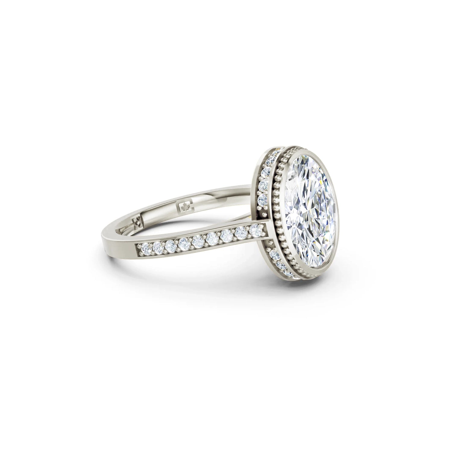 Beautiful white gold modern vintage diamond engagement ring with milgrain, hidden halo, 2.5 carat centre diamond and a row of bright, white diamonds running down the engagement ring band on white background. Made in Canada. Bague fiançailles à diamants avec halo caché et milgrain sur fond blanc. Fabriquée à Montréal. Style vintage moderne.