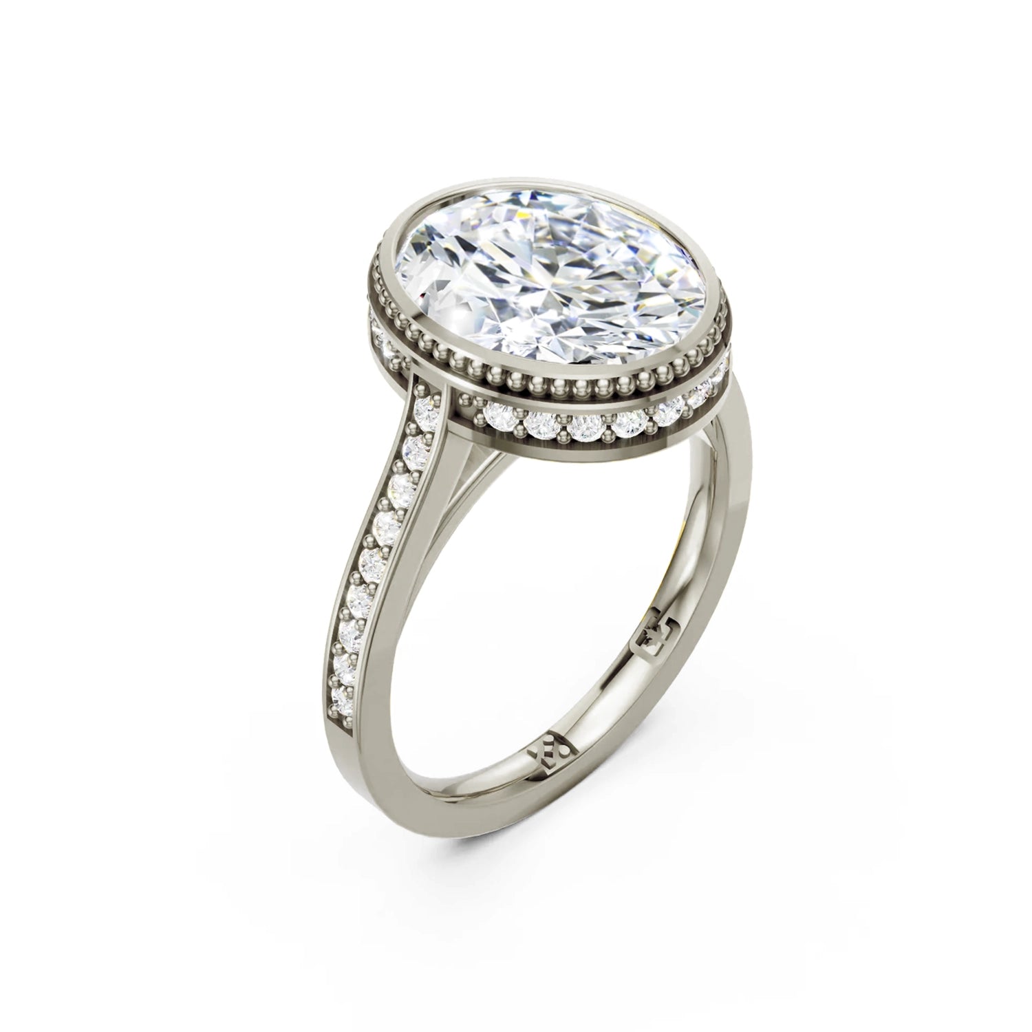 Beautiful white gold modern vintage diamond engagement ring with milgrain, hidden halo, 2.5 carat centre diamond and a row of bright, white diamonds running down the engagement ring band on white background. Made in Canada. Bague fiançailles à diamants avec halo caché et milgrain sur fond blanc. Fabriquée à Montréal. Style vintage moderne.