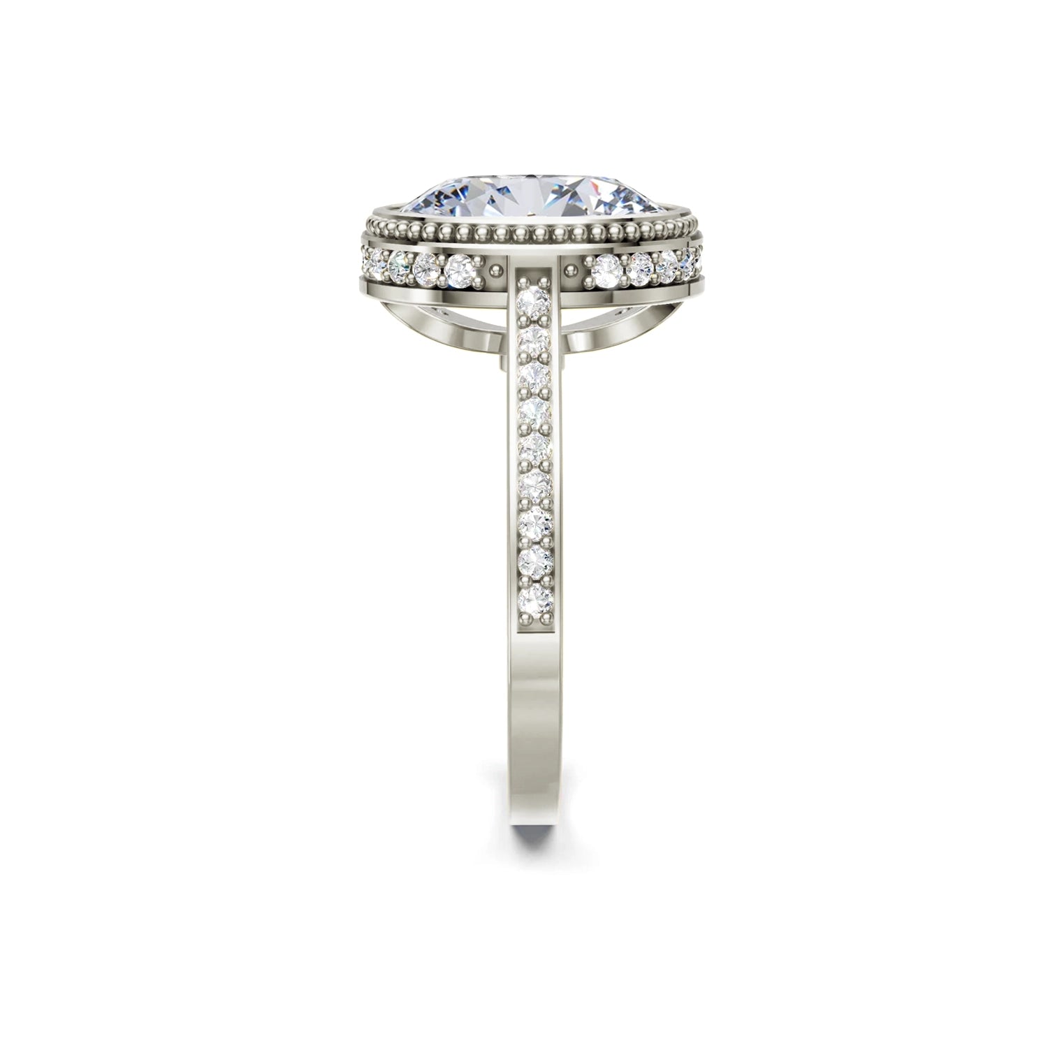 Beautiful white gold modern vintage diamond engagement ring with milgrain, hidden halo, 2.5 carat centre diamond and a row of bright, white diamonds running down the engagement ring band on white background. Made in Canada. Bague fiançailles à diamants avec halo caché et milgrain sur fond blanc. Fabriquée à Montréal. Style vintage moderne.