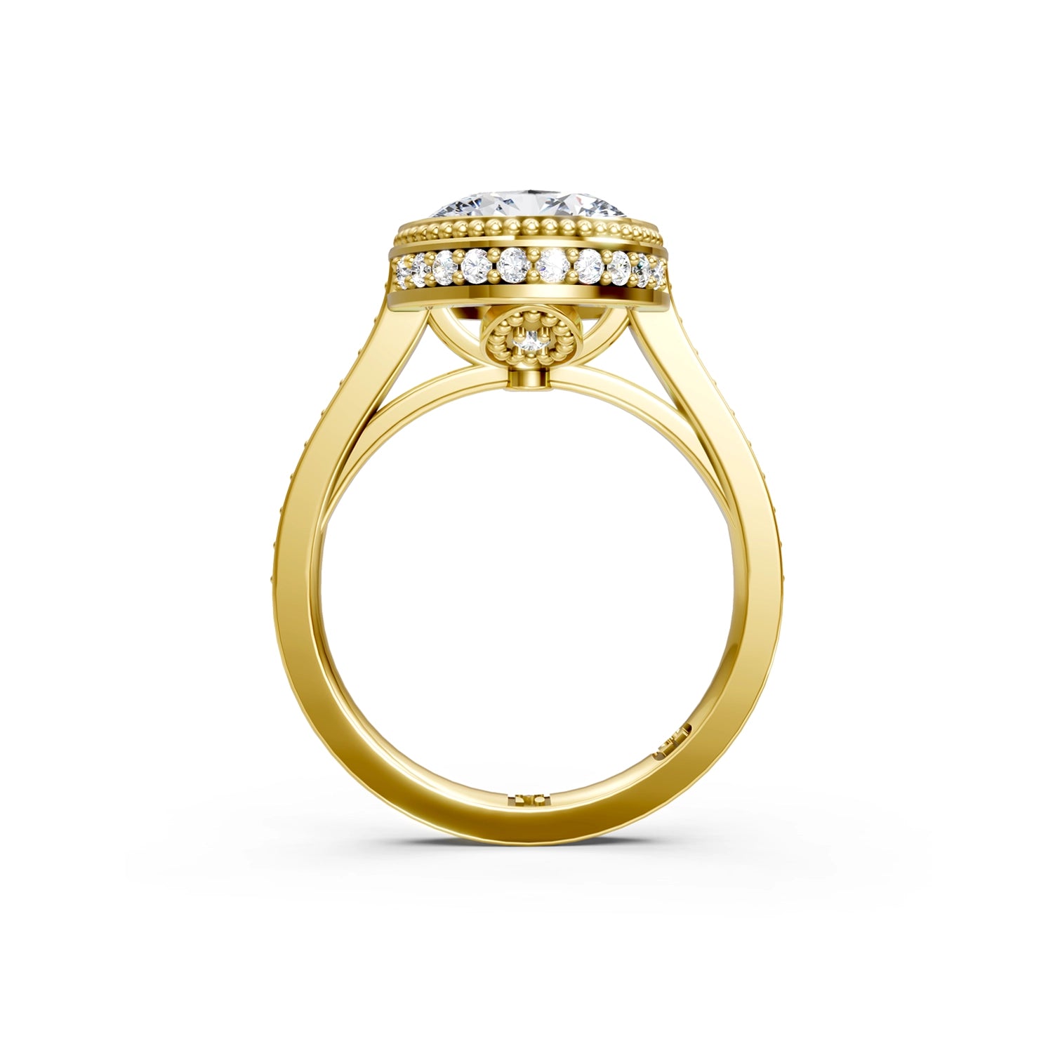 Beautiful yellow gold modern vintage diamond engagement ring with milgrain, hidden halo, 2.5 carat centre diamond and a row of bright, white diamonds running down the engagement ring band on white background. Made in Canada. Bague fiançailles à diamants avec halo caché et milgrain sur fond blanc. Fabriquée à Montréal. Style vintage moderne.