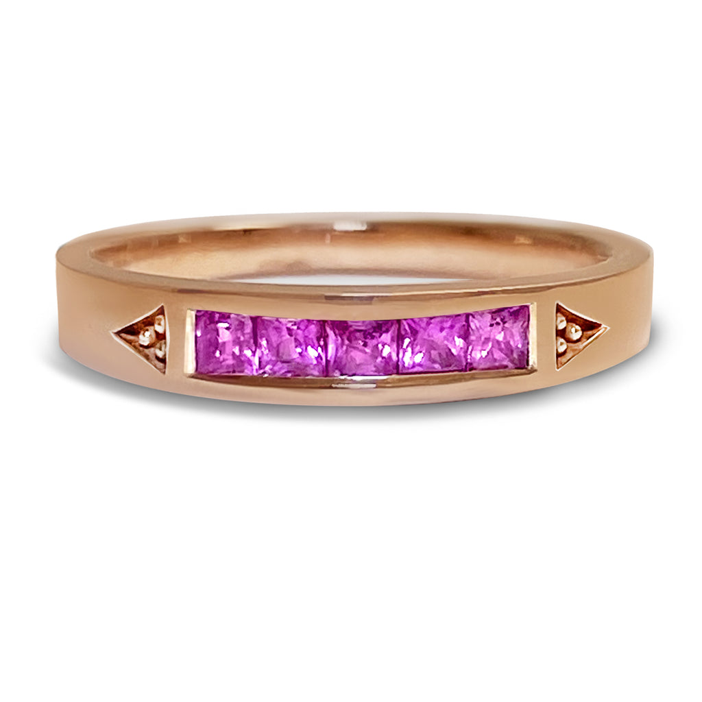 Pink gold stacking ring with 5 princess bright pinks sapphires.