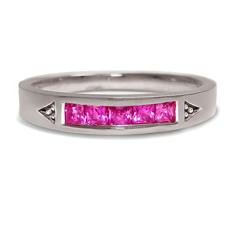 Pink Sapphire Stacking Ring with Crown - 18K White Gold