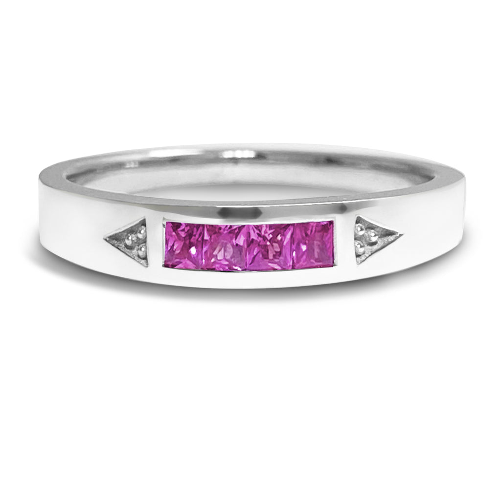 White gold stacking ring with 4 princess bright pinks sapphires.