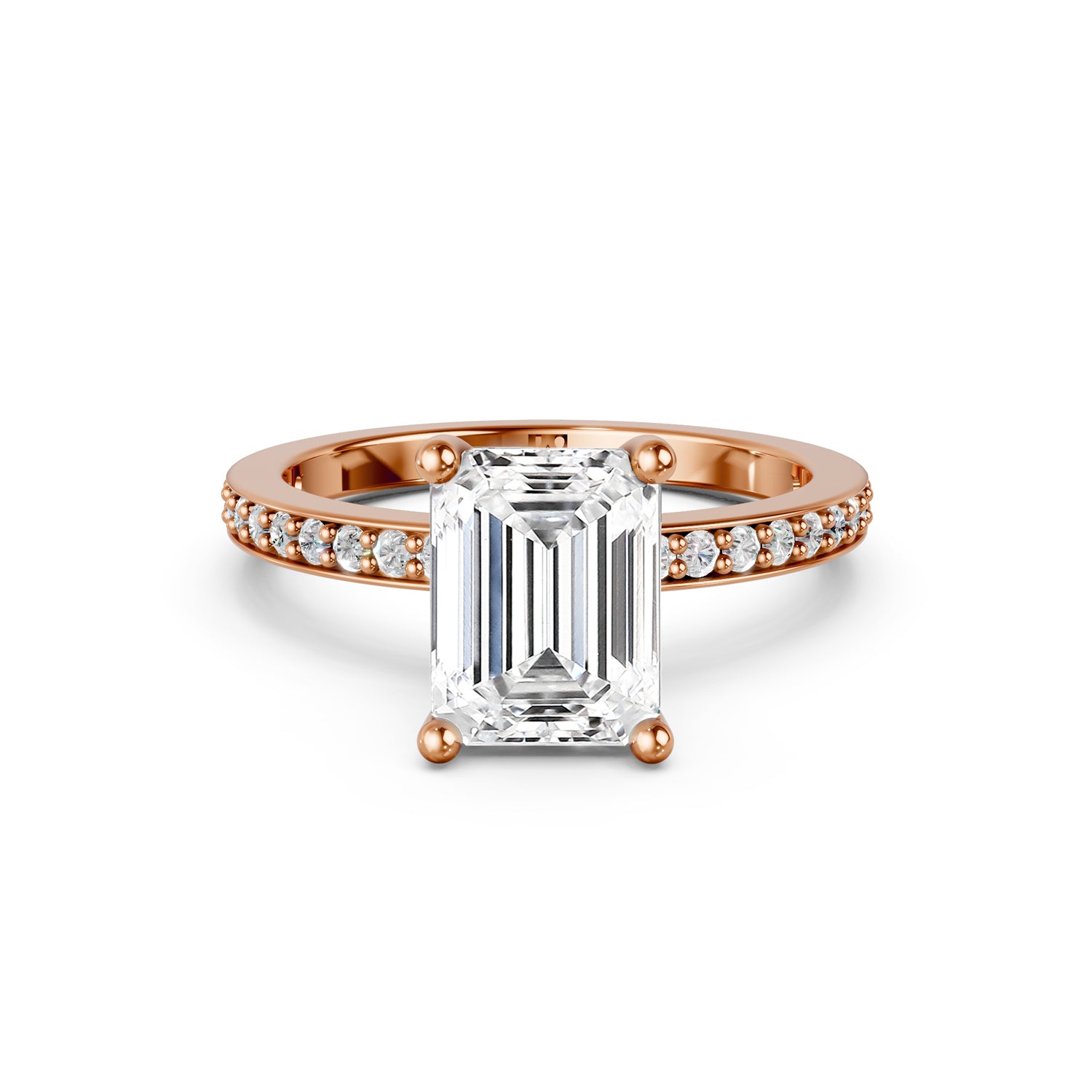 Stunning pink or rose gold Solitaire Engagement Ring with large emerald shaped  diamond and sparkling diamonds running down the narrow band. Made in Montreal. Contemporary and Classic Design. Perfect for a Millennial Bride /  Marriage Montréal Bague de fiancailles haut de gamme Bijoux Montréal