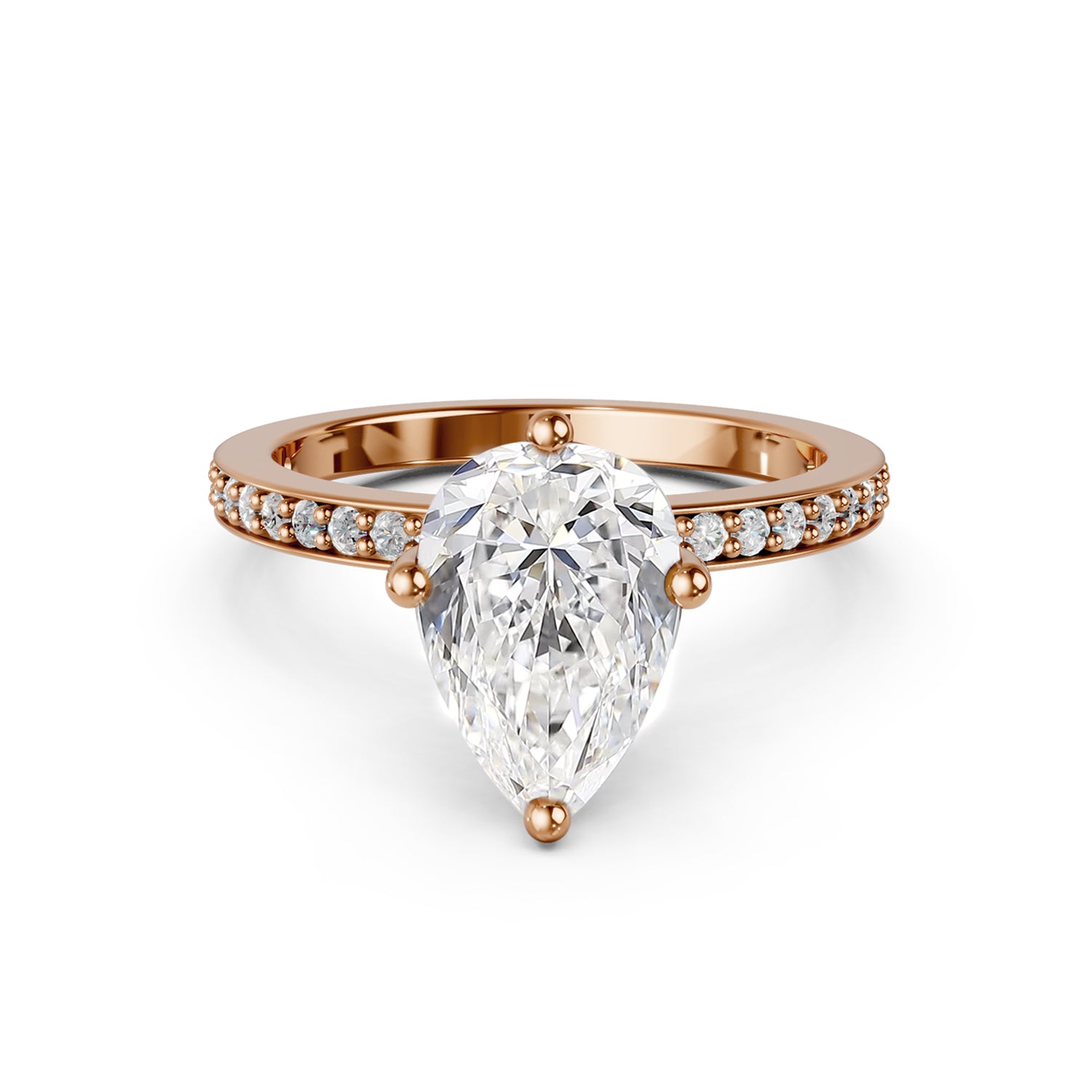 Stunning pink or rose gold Solitaire Engagement Ring with large pear-shaped  diamond and sparkling diamonds running down the narrow band. Made in Montreal. Contemporary and Classic Design. Perfect for a Millennial Bride /  Marriage Montréal Bague de fiancailles haut de gamme Bijoux Montréal