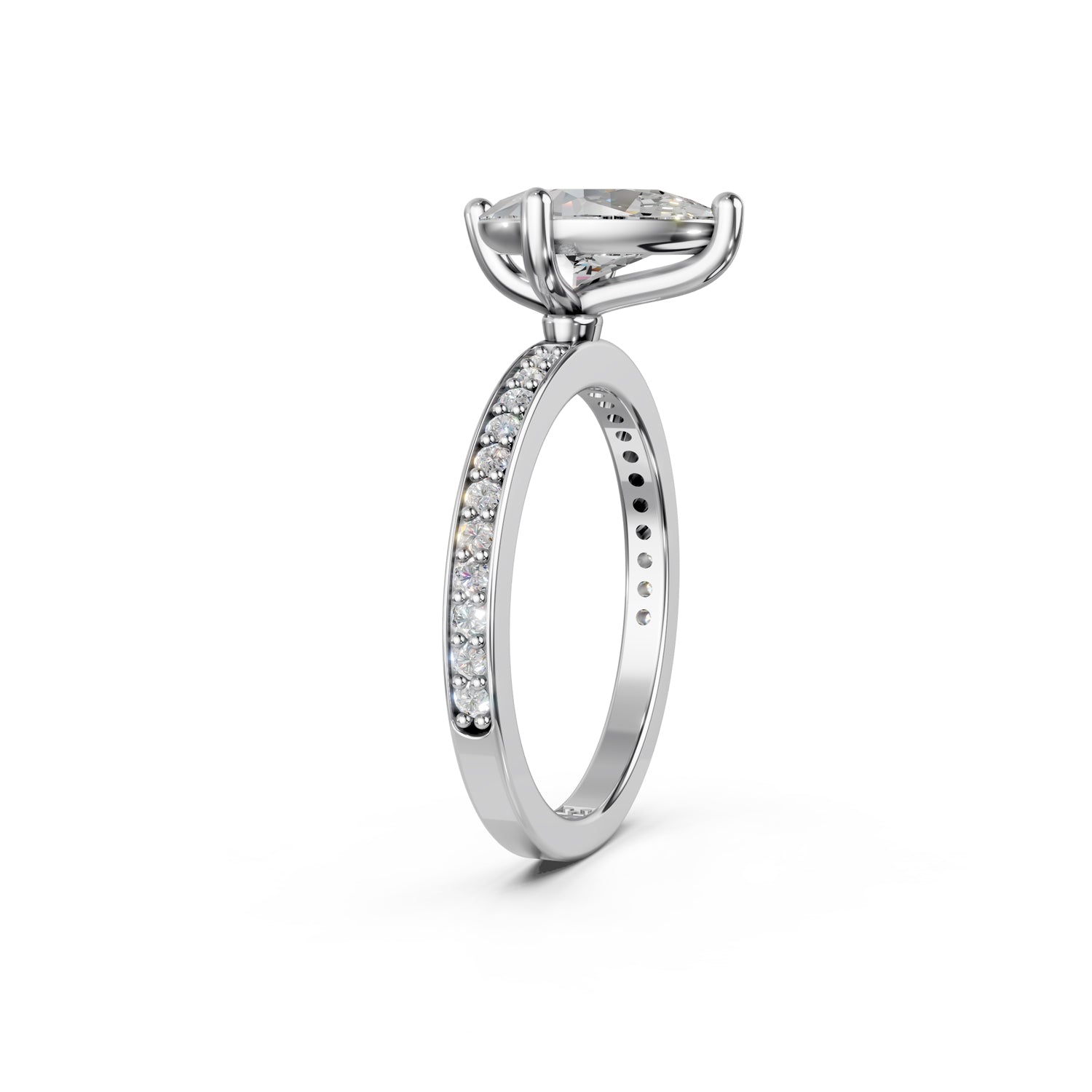 Stunning platinum or white gold Solitaire Engagement Ring with large pear-shaped  diamond and sparkling diamonds running down the narrow band. Made in Montreal. Contemporary and Classic Design. Perfect for a Millennial Bride /  Marriage Montréal Bague de fiancailles haut de gamme Bijoux Montréal