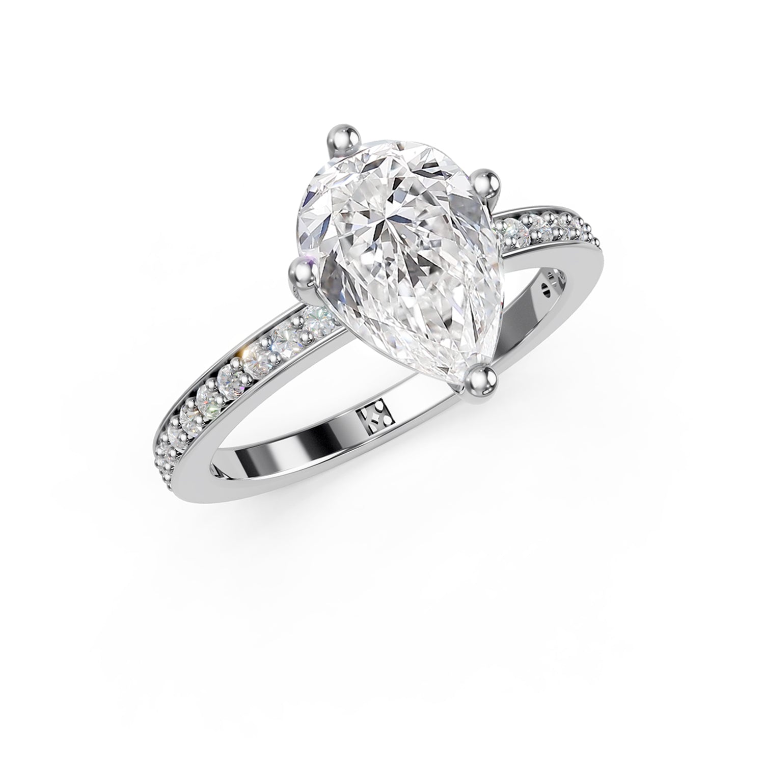 Stunning platinum or white gold Solitaire Engagement Ring with large pear-shaped  diamond and sparkling diamonds running down the narrow band. Made in Montreal. Contemporary and Classic Design. Perfect for a Millennial Bride /  Marriage Montréal Bague de fiancailles haut de gamme Bijoux Montréal