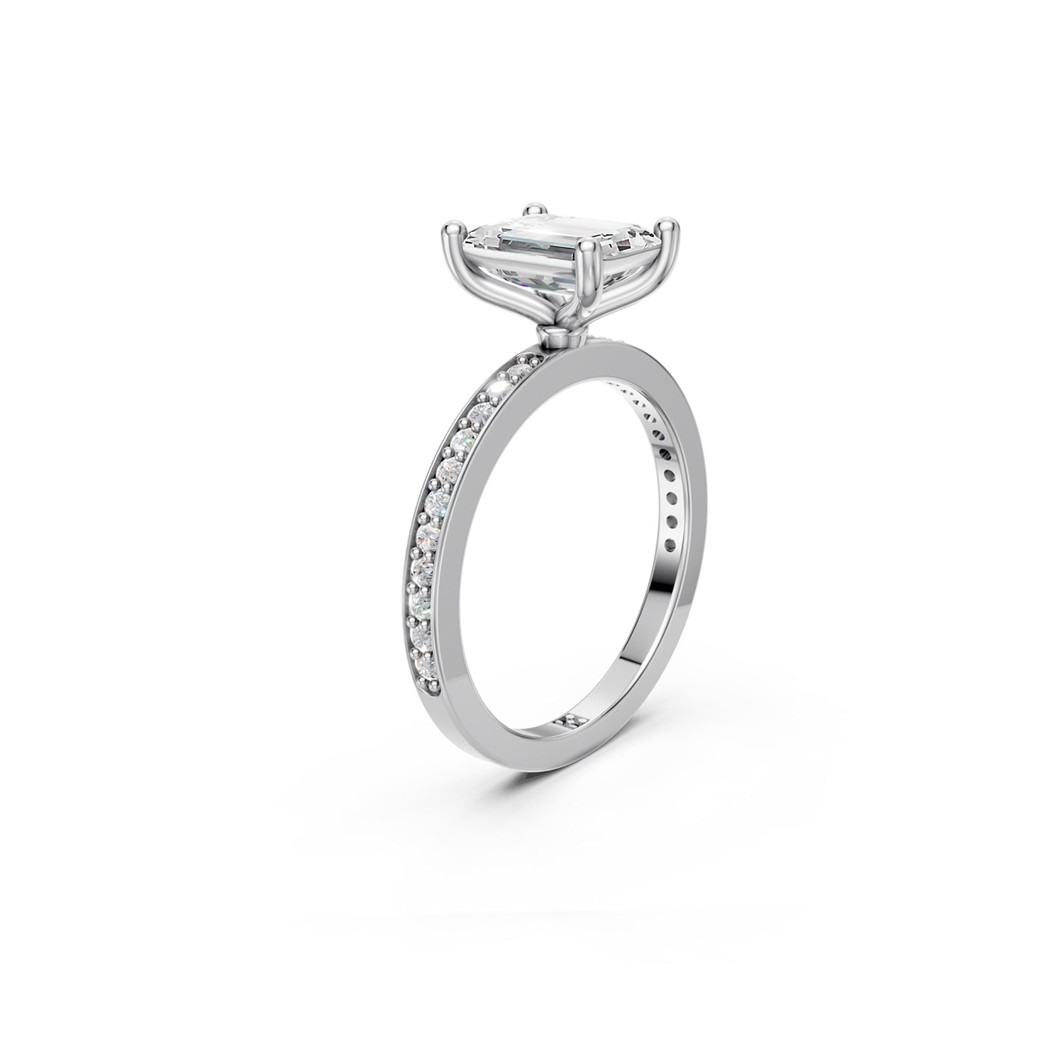 Stunning platinum or white gold Solitaire Engagement Ring with large emerald shaped  diamond and sparkling diamonds running down the narrow band. Made in Montreal. Contemporary and Classic Design. Perfect for a Millennial Bride /  Marriage Montréal Bague de fiancailles haut de gamme Bijoux Montréal