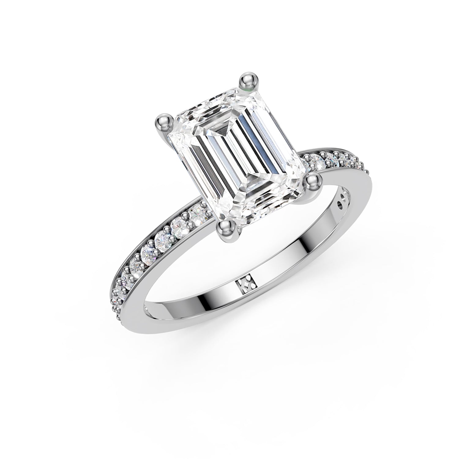 Stunning platinum or white gold Solitaire Engagement Ring with large emerald shaped  diamond and sparkling diamonds running down the narrow band. Made in Montreal. Contemporary and Classic Design. Perfect for a Millennial Bride /  Marriage Montréal Bague de fiancailles haut de gamme Bijoux Montréal