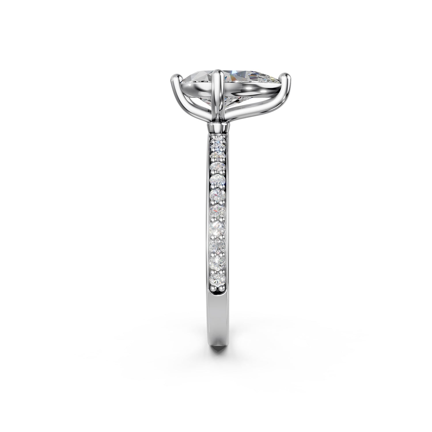 Stunning platinum or white gold Solitaire Engagement Ring with large pear-shaped  diamond and sparkling diamonds running down the narrow band. Made in Montreal. Contemporary and Classic Design. Perfect for a Millennial Bride /  Marriage Montréal Bague de fiancailles haut de gamme Bijoux Montréal