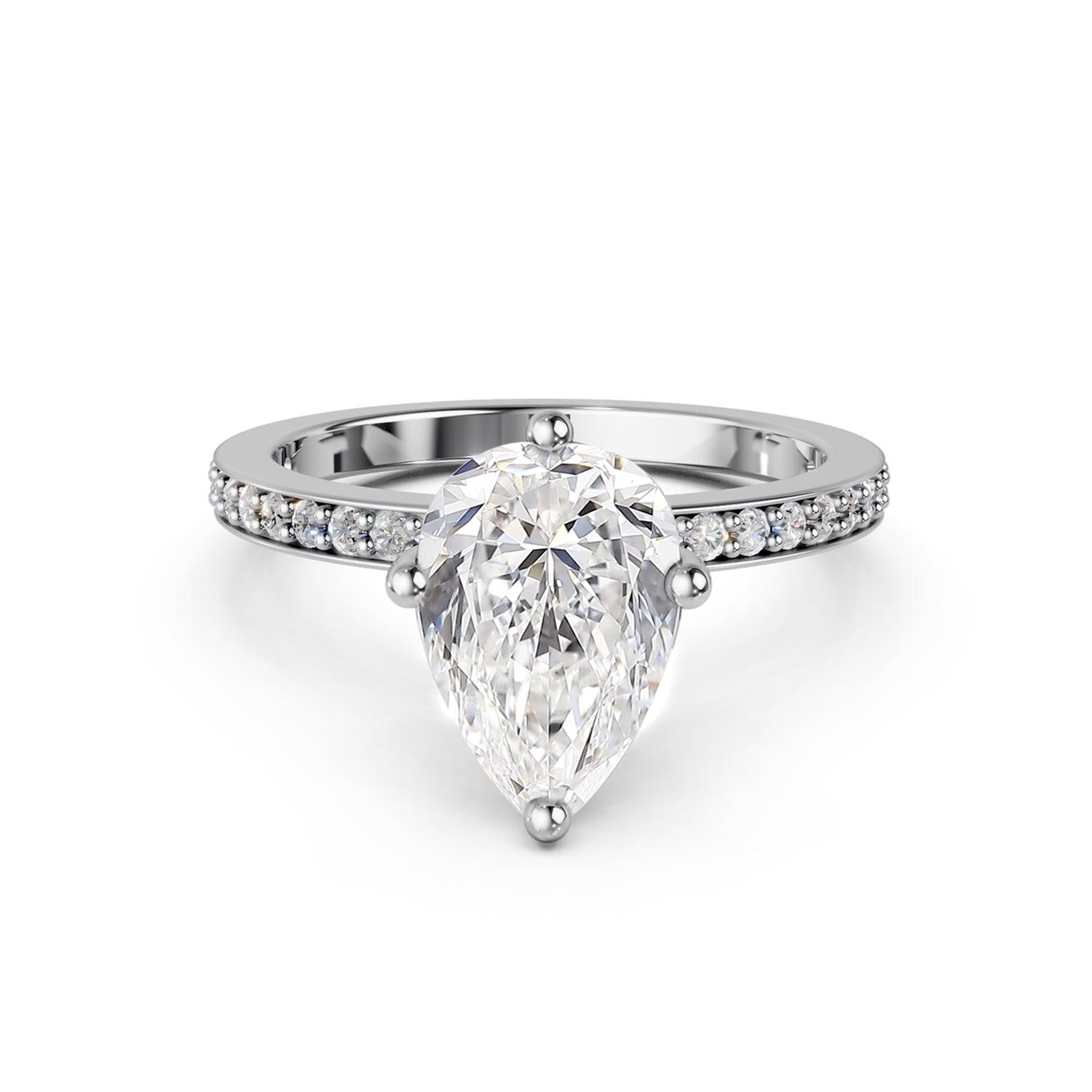 Stunning platinum or white gold Solitaire Engagement Ring with large pear-shaped  diamond and sparkling diamonds running down the narrow band. Made in Montreal. Contemporary and Classic Design. Perfect for a Millennial Bride /  Marriage Montréal Bague de fiancailles haut de gamme Bijoux Montréal