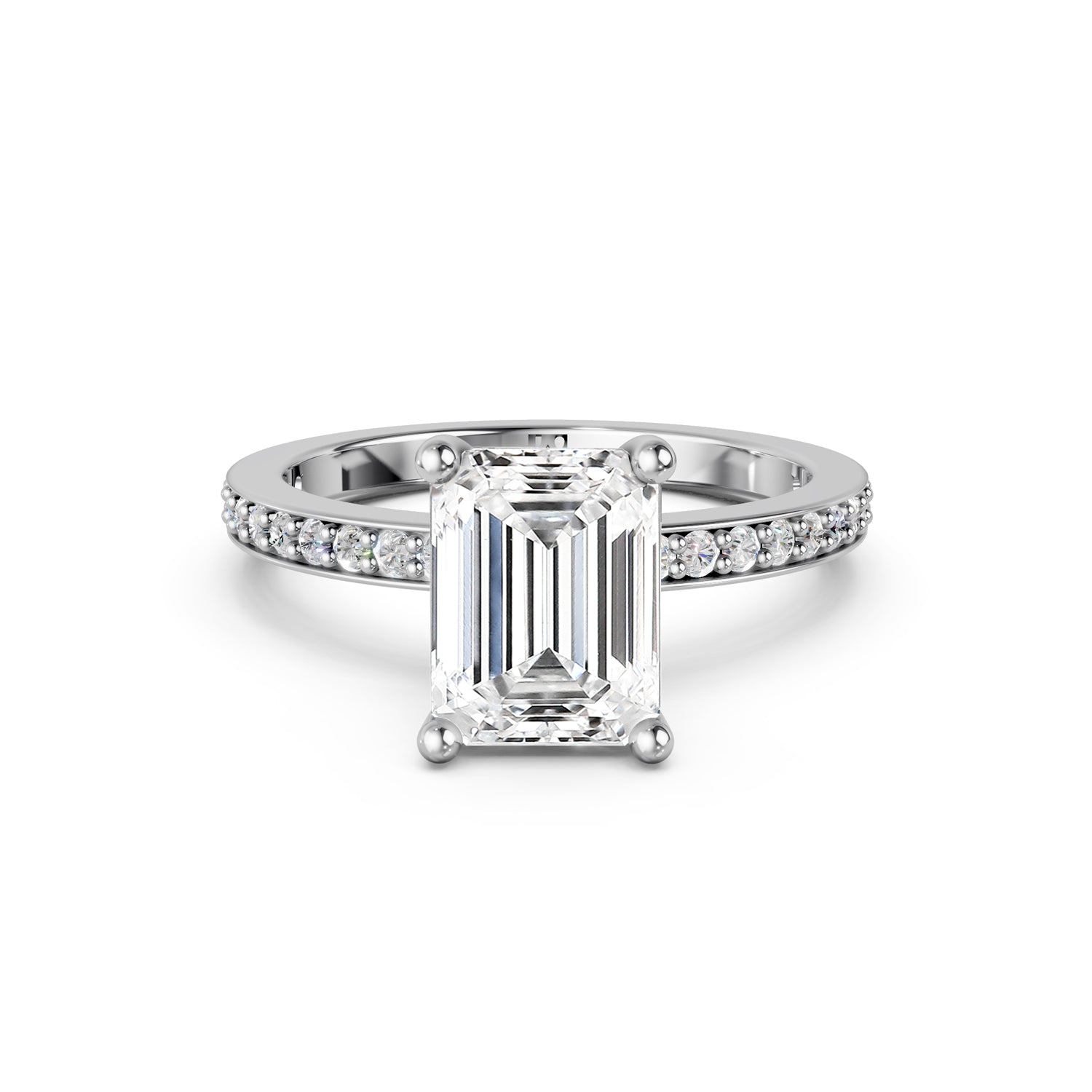Stunning platinum or white gold Solitaire Engagement Ring with large emerald shaped  diamond and sparkling diamonds running down the narrow band. Made in Montreal. Contemporary and Classic Design. Perfect for a Millennial Bride /  Marriage Montréal Bague de fiancailles haut de gamme Bijoux Montréal