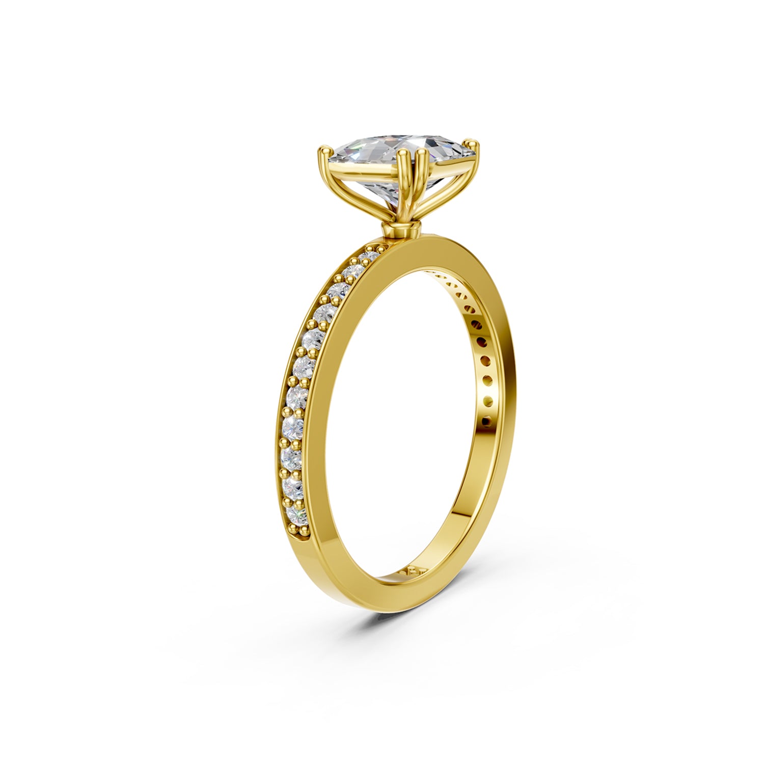 Stunning yellow dold Solitaire Engagement Ring with Asscher Cut Diamond or Gemstone and sparkling diamonds running down the narrow band. Made in Montreal. Contemporary and Classic Design. Perfect for a Millennial Bride /  Marriage Montréal Bague de fiancailles haut de gamme Bijoux Montréal