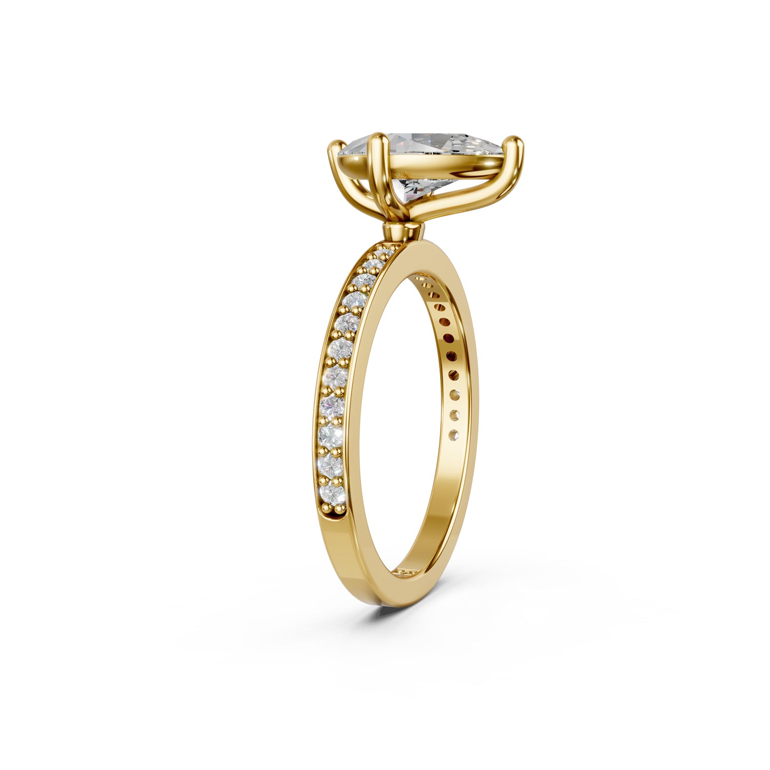 Stunning yellow gold Solitaire Engagement Ring with large pear-shaped  diamond and sparkling diamonds running down the narrow band. Made in Montreal. Contemporary and Classic Design. Perfect for a Millennial Bride /  Marriage Montréal Bague de fiancailles haut de gamme Bijoux Montréal