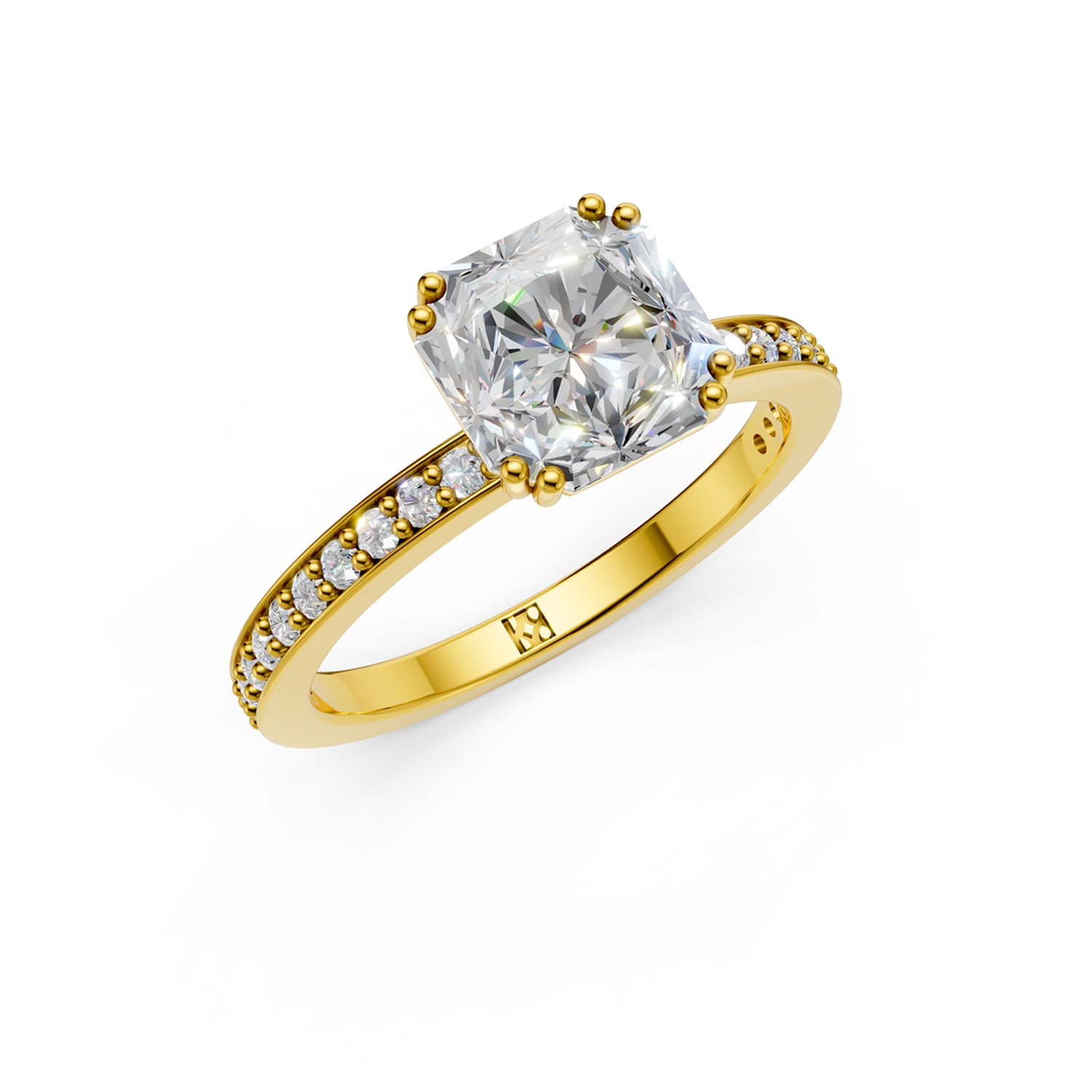 Stunning yellow dold Solitaire Engagement Ring with Asscher Cut Diamond or Gemstone and sparkling diamonds running down the narrow band. Made in Montreal. Contemporary and Classic Design. Perfect for a Millennial Bride /  Marriage Montréal Bague de fiancailles haut de gamme Bijoux Montréal