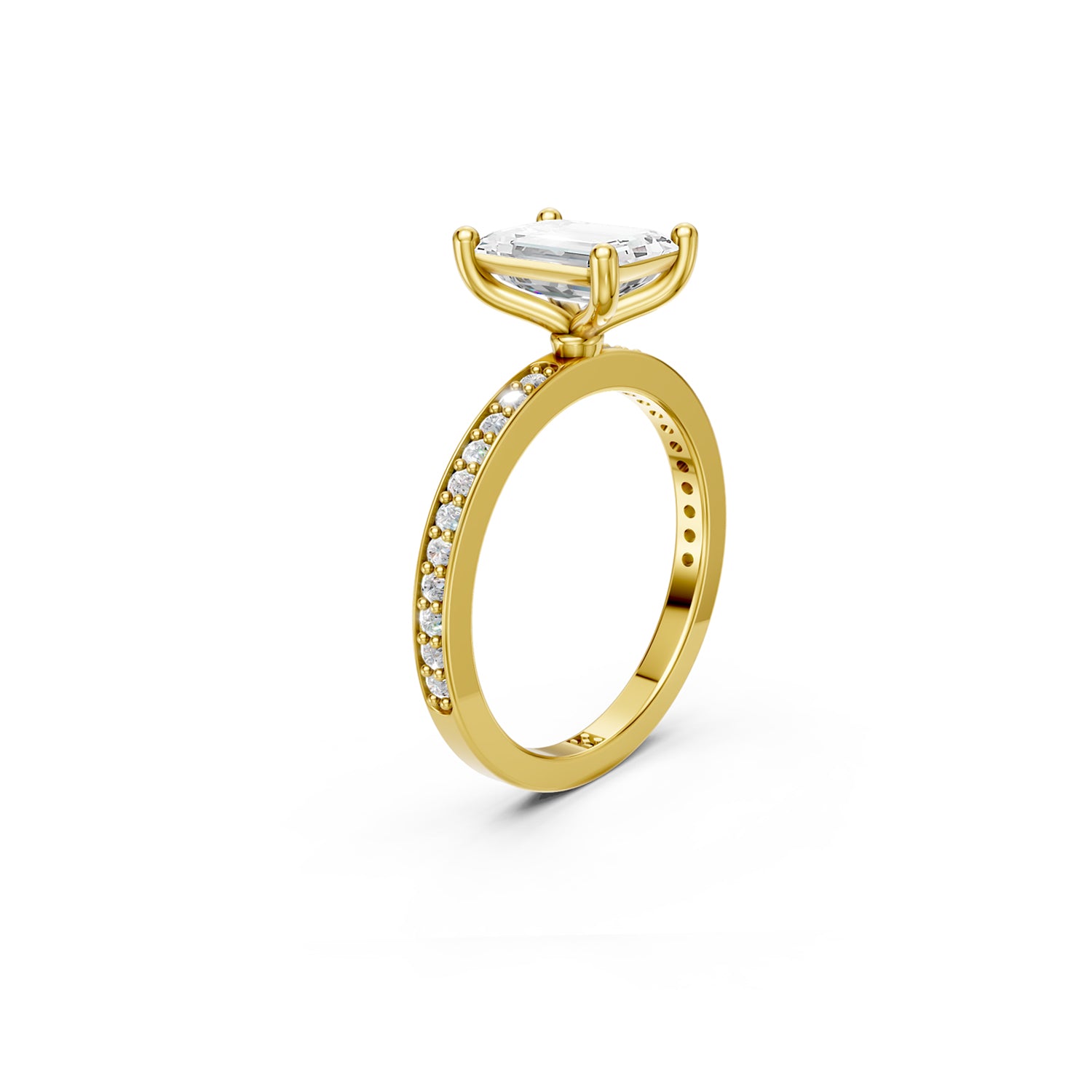 Stunning yellow gold Solitaire Engagement Ring with large emerald shaped  diamond and sparkling diamonds running down the narrow band. Made in Montreal. Contemporary and Classic Design. Perfect for a Millennial Bride /  Marriage Montréal Bague de fiancailles haut de gamme Bijoux Montréal