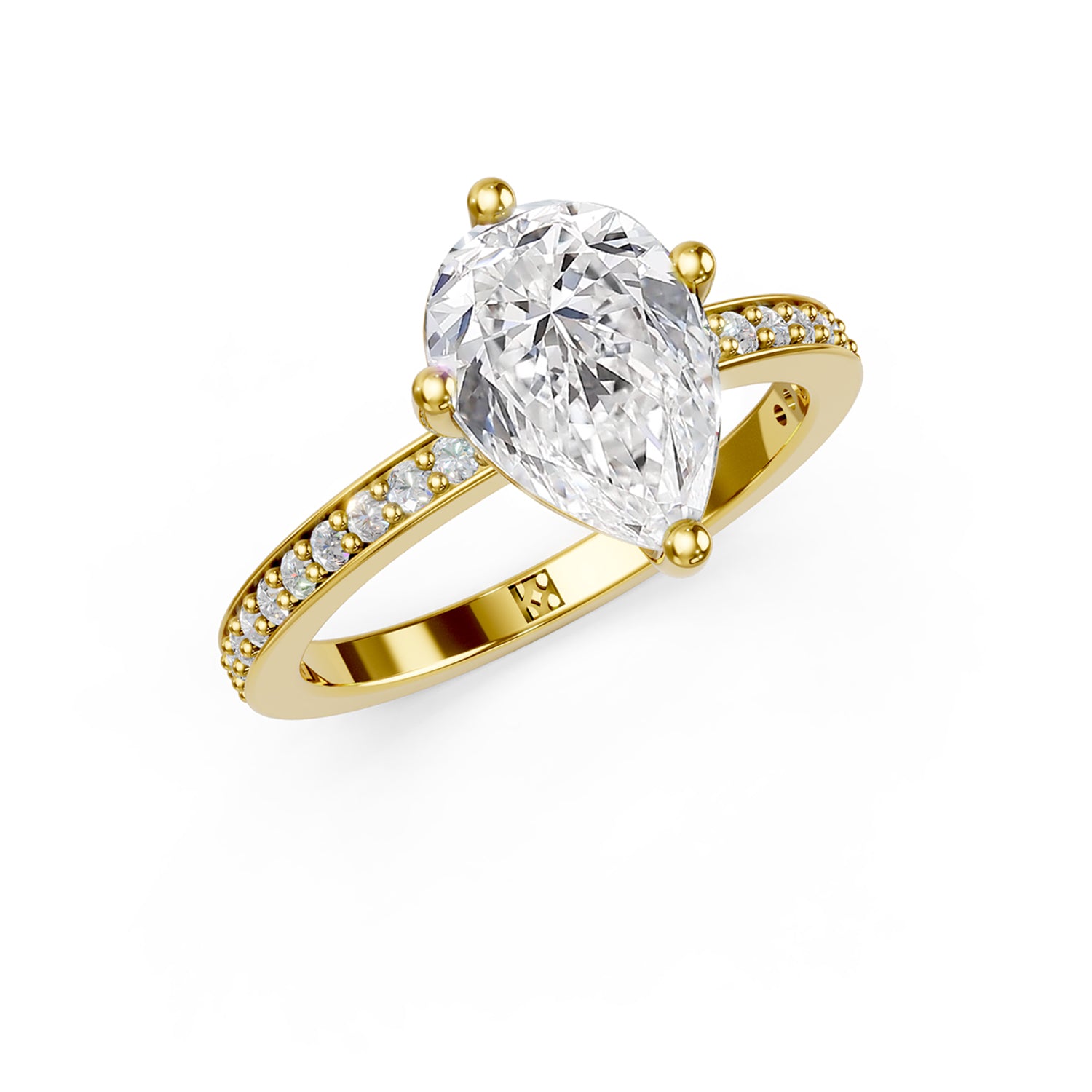 Stunning yellow gold Solitaire Engagement Ring with large pear-shaped  diamond and sparkling diamonds running down the narrow band. Made in Montreal. Contemporary and Classic Design. Perfect for a Millennial Bride /  Marriage Montréal Bague de fiancailles haut de gamme Bijoux Montréal