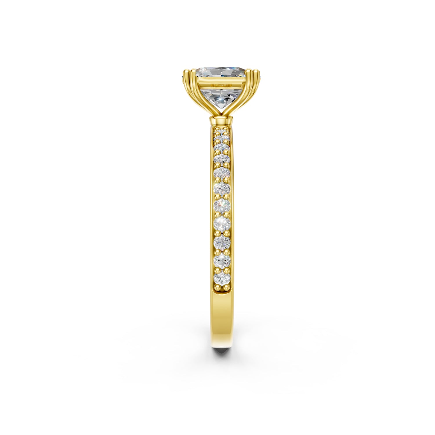 Stunning yellow dold Solitaire Engagement Ring with Asscher Cut Diamond or Gemstone and sparkling diamonds running down the narrow band. Made in Montreal. Contemporary and Classic Design. Perfect for a Millennial Bride /  Marriage Montréal Bague de fiancailles haut de gamme Bijoux Montréal
