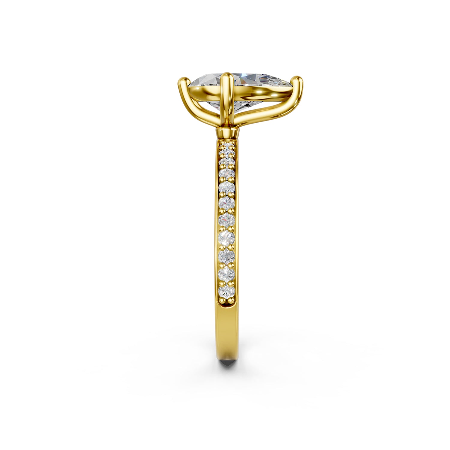 Stunning yellow gold Solitaire Engagement Ring with large pear-shaped  diamond and sparkling diamonds running down the narrow band. Made in Montreal. Contemporary and Classic Design. Perfect for a Millennial Bride /  Marriage Montréal Bague de fiancailles haut de gamme Bijoux Montréal