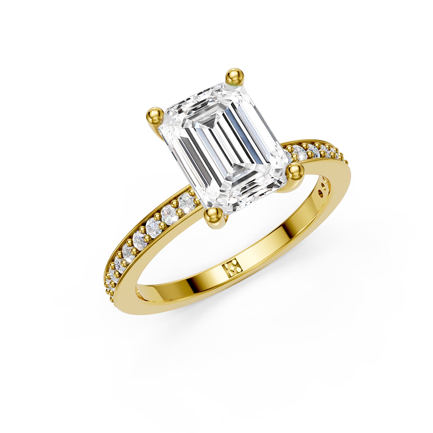 Stunning yellow gold Solitaire Engagement Ring with large emerald shaped  diamond and sparkling diamonds running down the narrow band. Made in Montreal. Contemporary and Classic Design. Perfect for a Millennial Bride /  Marriage Montréal Bague de fiancailles haut de gamme Bijoux Montréal
