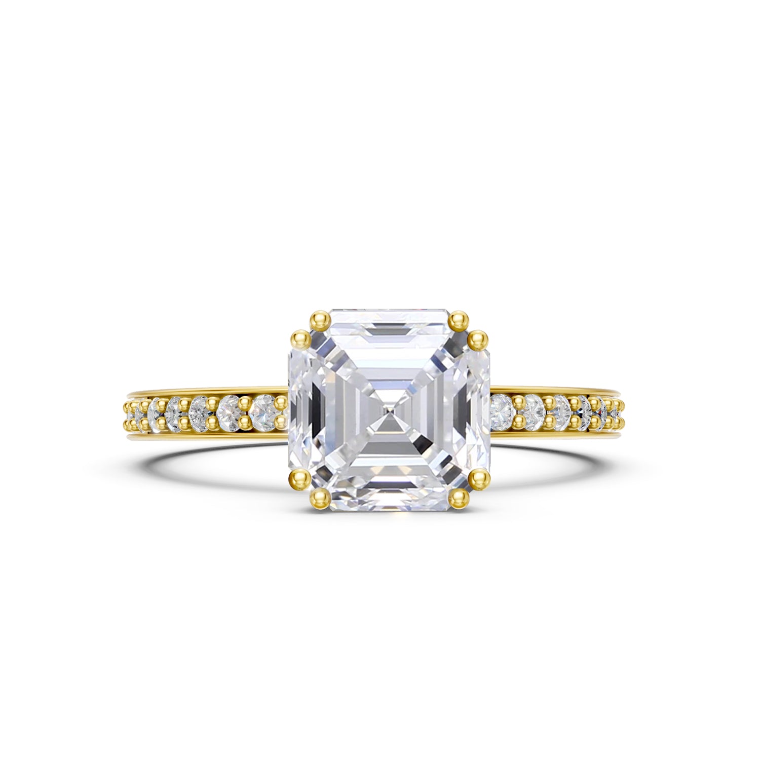 Stunning yellow dold Solitaire Engagement Ring with Asscher Cut Diamond or Gemstone and sparkling diamonds running down the narrow band. Made in Montreal. Contemporary and Classic Design. Perfect for a Millennial Bride /  Marriage Montréal Bague de fiancailles haut de gamme Bijoux Montréal