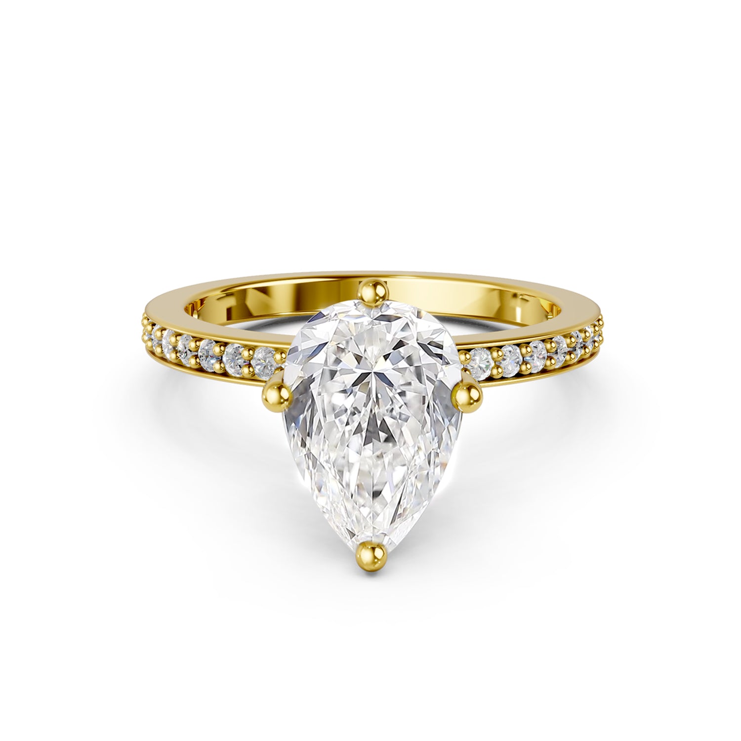 Stunning yellow gold Solitaire Engagement Ring with large pear-shaped  diamond and sparkling diamonds running down the narrow band. Made in Montreal. Contemporary and Classic Design. Perfect for a Millennial Bride /  Marriage Montréal Bague de fiancailles haut de gamme Bijoux Montréal