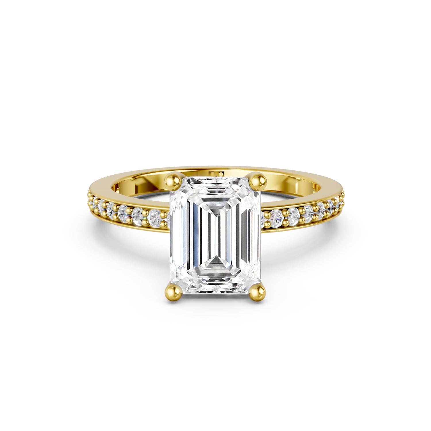 Stunning yellow gold Solitaire Engagement Ring with large emerald shaped  diamond and sparkling diamonds running down the narrow band. Made in Montreal. Contemporary and Classic Design. Perfect for a Millennial Bride /  Marriage Montréal Bague de fiancailles haut de gamme Bijoux Montréal
