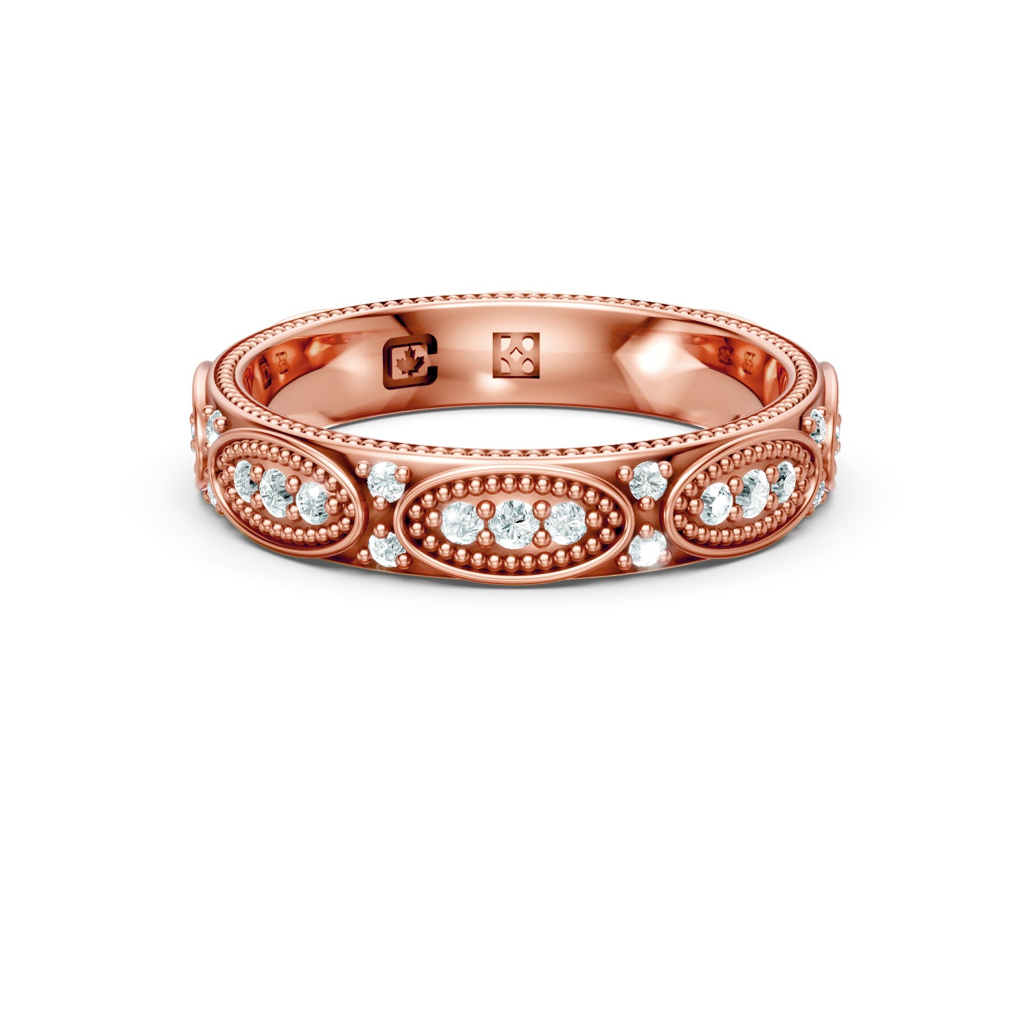 Vintage-inspired gold wedding band made in Canada in pink gold, rose gold with milgrain vintage details. Josephine wedding ring. Made in Montreal. Alliance vintage en or rose fabriquée à Montreal, Qubébec.