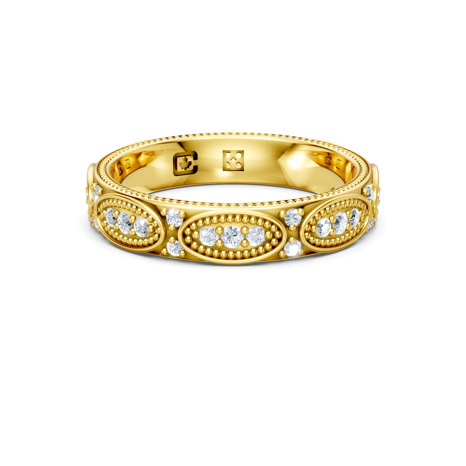 Vintage-inspired gold wedding band made in Canada in gold with milgrain vintage details. Josephine wedding ring. Made in Montreal. Alliance vintage en or fabriquée à Montreal, Qubébec.