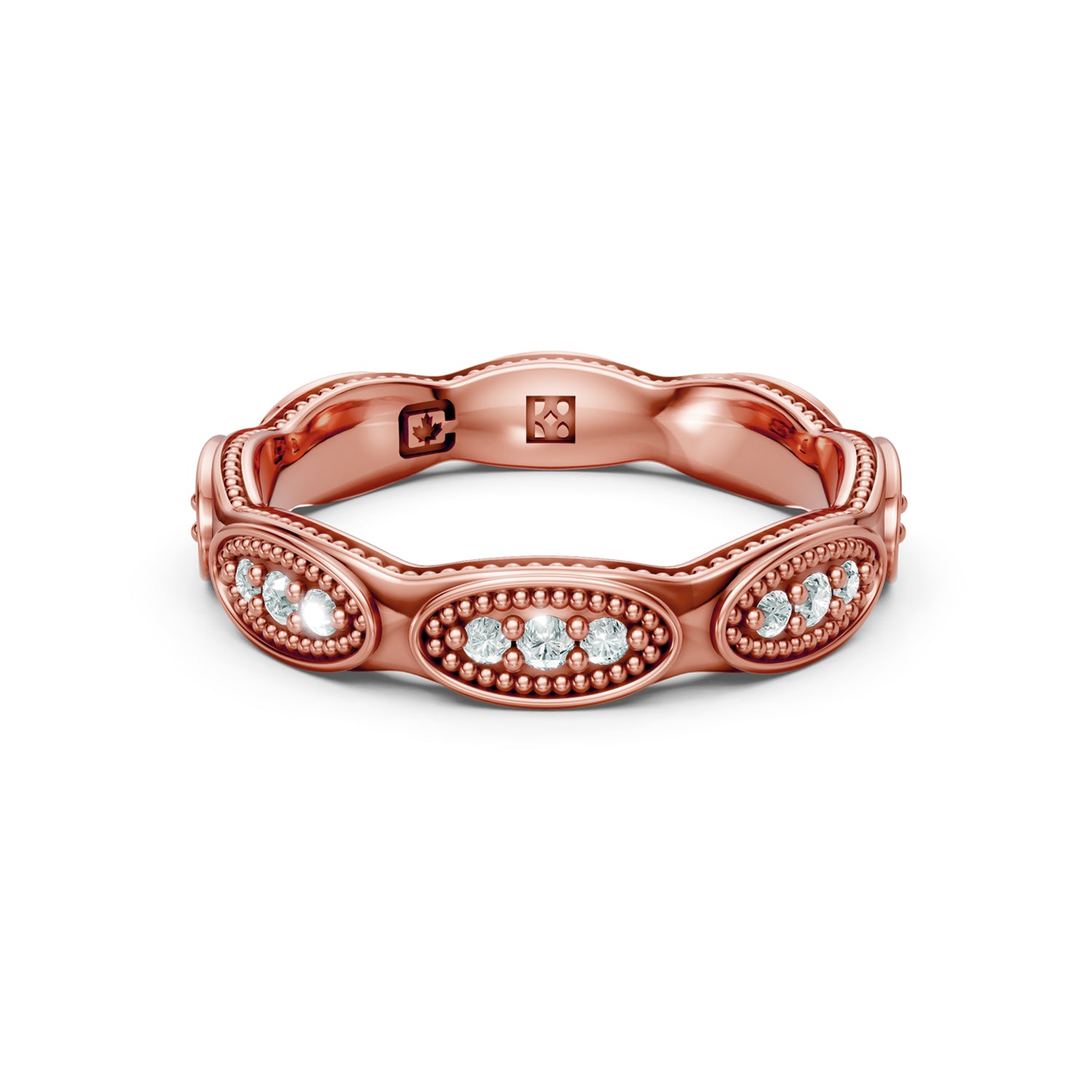 Vintage-inspired gold wedding band made in Canada in gold, with milgrain vintage details. Josephine wedding ring. Made in Montreal. Pink gold, rose gold.