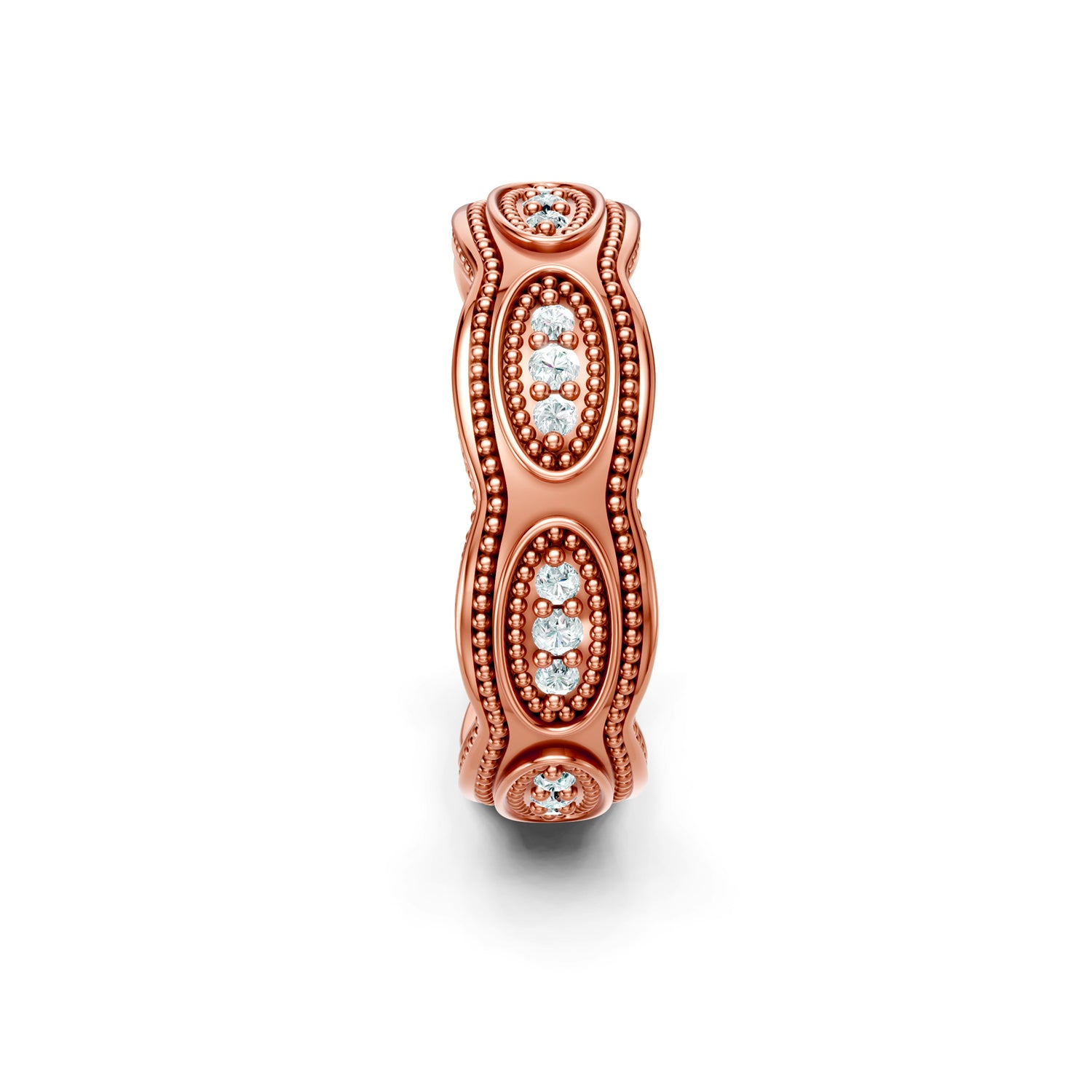 Vintage-inspired gold wedding band made in Canada in pink gold, rose gold with milgrain vintage details. Josephine wedding ring. Made in Montreal. Alliance vintage en or rose fabriquée à Montreal, Qubébec.