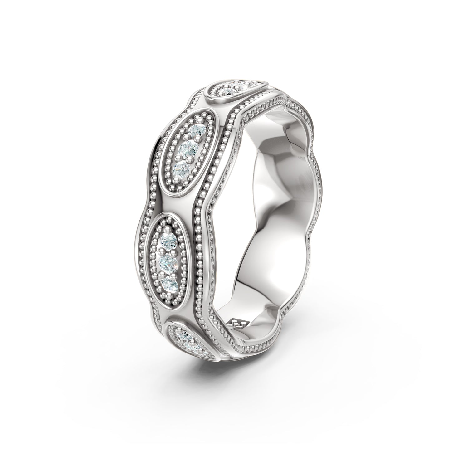 Vintage-inspired gold wedding band made in Canada in white gold, platinum  with milgrain vintage details. Josephine wedding ring. Made in Montreal. Alliance vintage en or blanc ou platine fabriquée à Montreal, Qubébec.