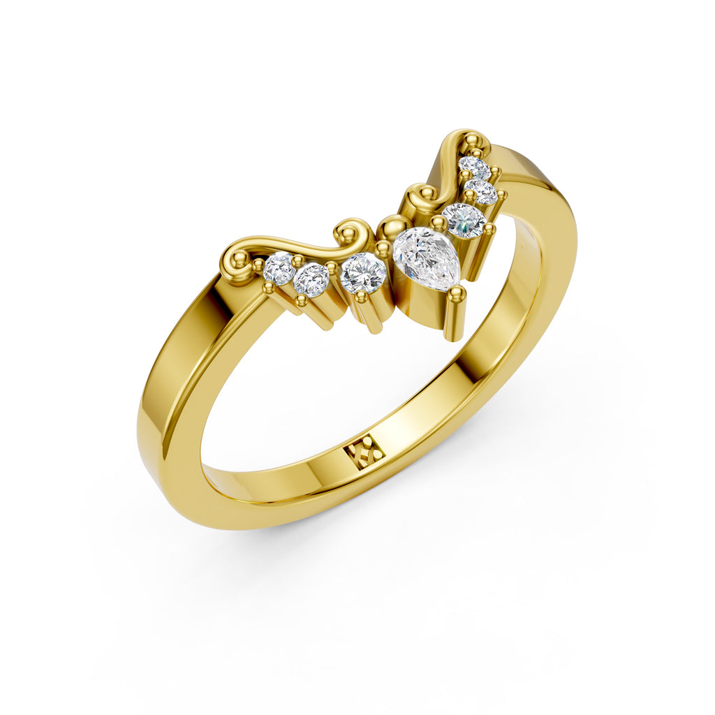 Beautiful modern vintage wedding band in yellow gold with diamonds and flourishes. Made in Canada. Alliance en or avec diamants  canadiens fabriquée à Montreal. Par K8.
