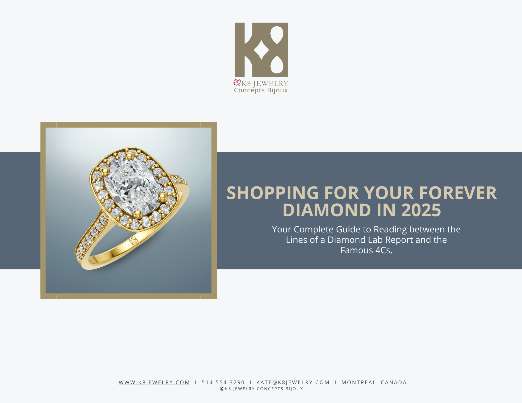 Cover of Guide to Shopping for Your Forever Diamond in 2025 with beautiful high-end yellow gold ring with radiant cut Canadian diamond and halo of bright and lively white diamonds. Made in Canada. Bague de fiancailles fabriqueée à Montréal.