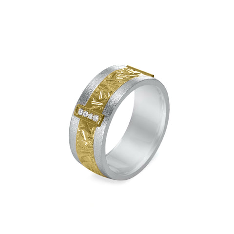 18K Wide Gold Unisex Band - 2-Tone with Diamonds